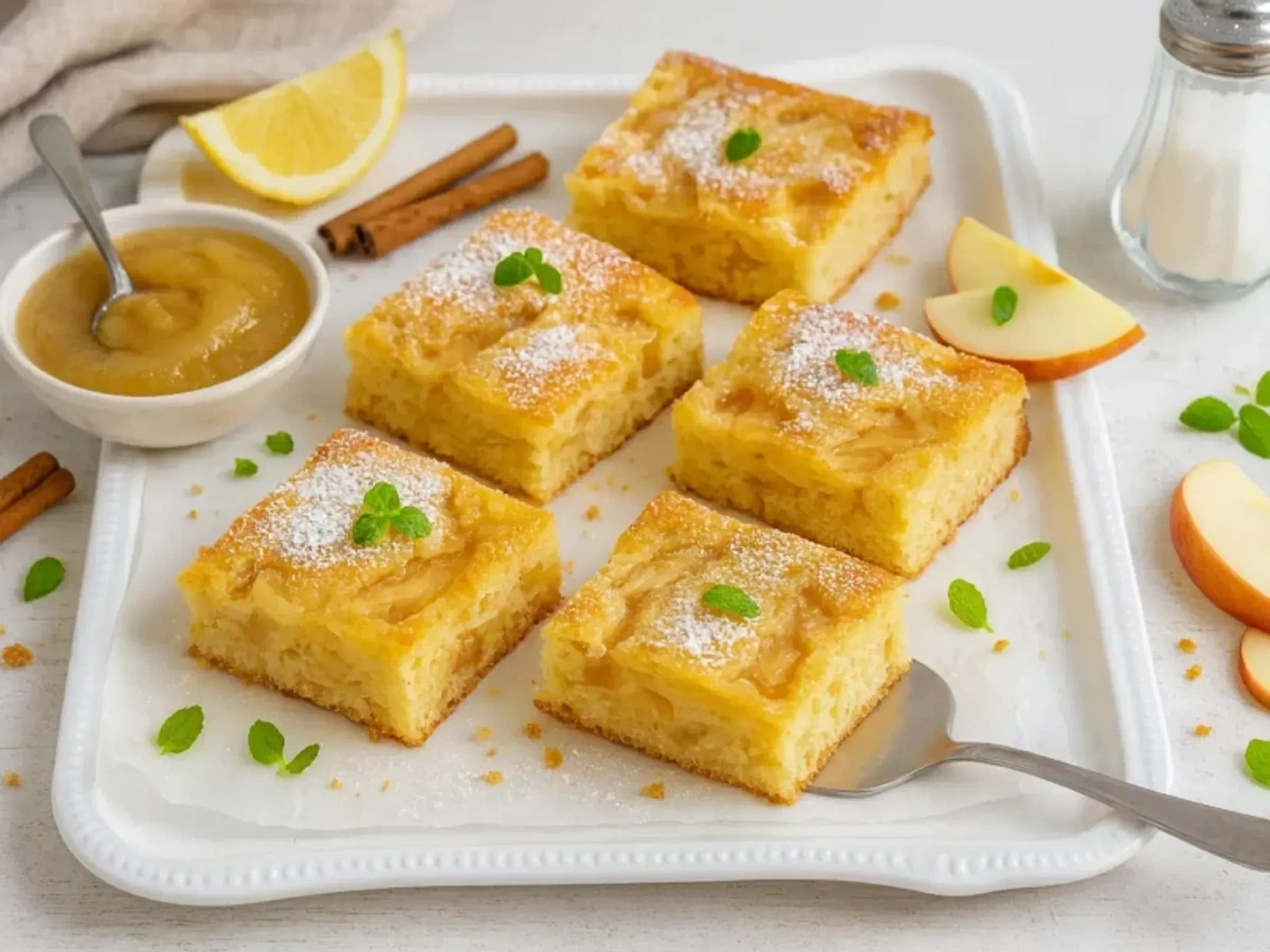Apfelmuskuchen mit Zimt ohne Milch Rezeptfoto Apfelmuskuchen mit Zimt ohne Milch fertig angerichtet