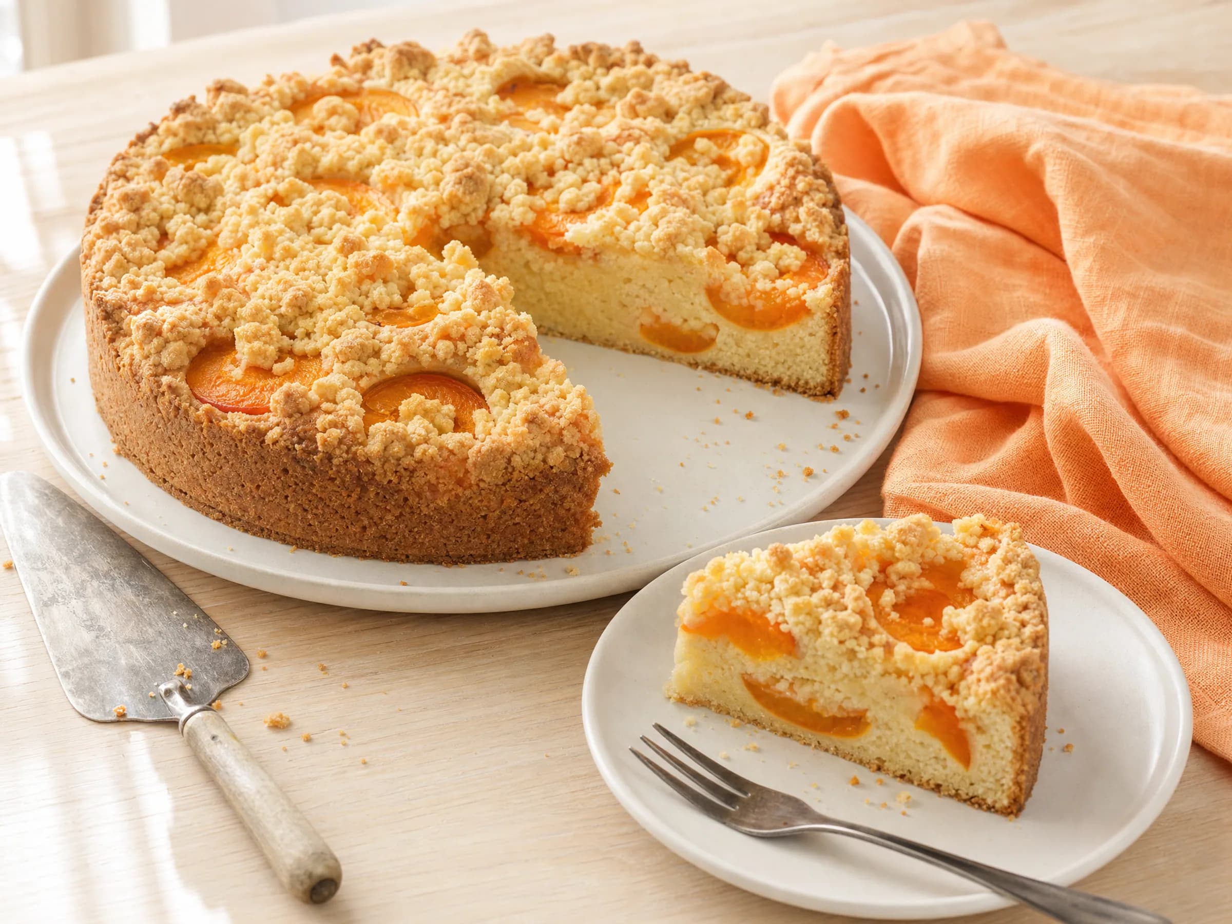 Aprikosenkuchen mit Rührteig und Streuseln Rezeptfoto Aprikosenkuchen mit Rührteig und Streuseln fertig angerichtet