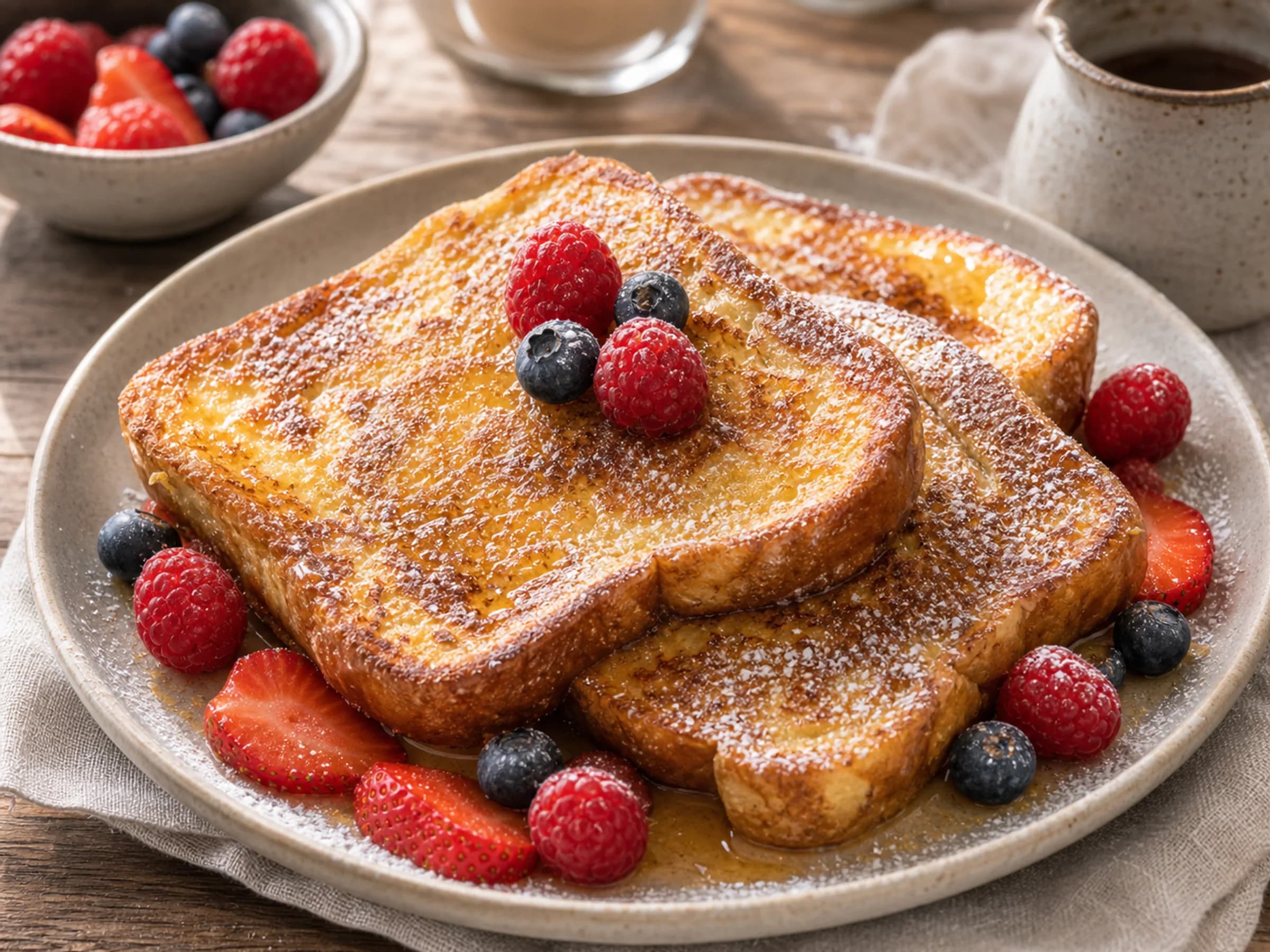 Arme Ritter aus der Pfanne mit Zimt und Zucker Rezeptfoto Arme Ritter aus der Pfanne mit Zimt und Zucker fertig angerichtet
