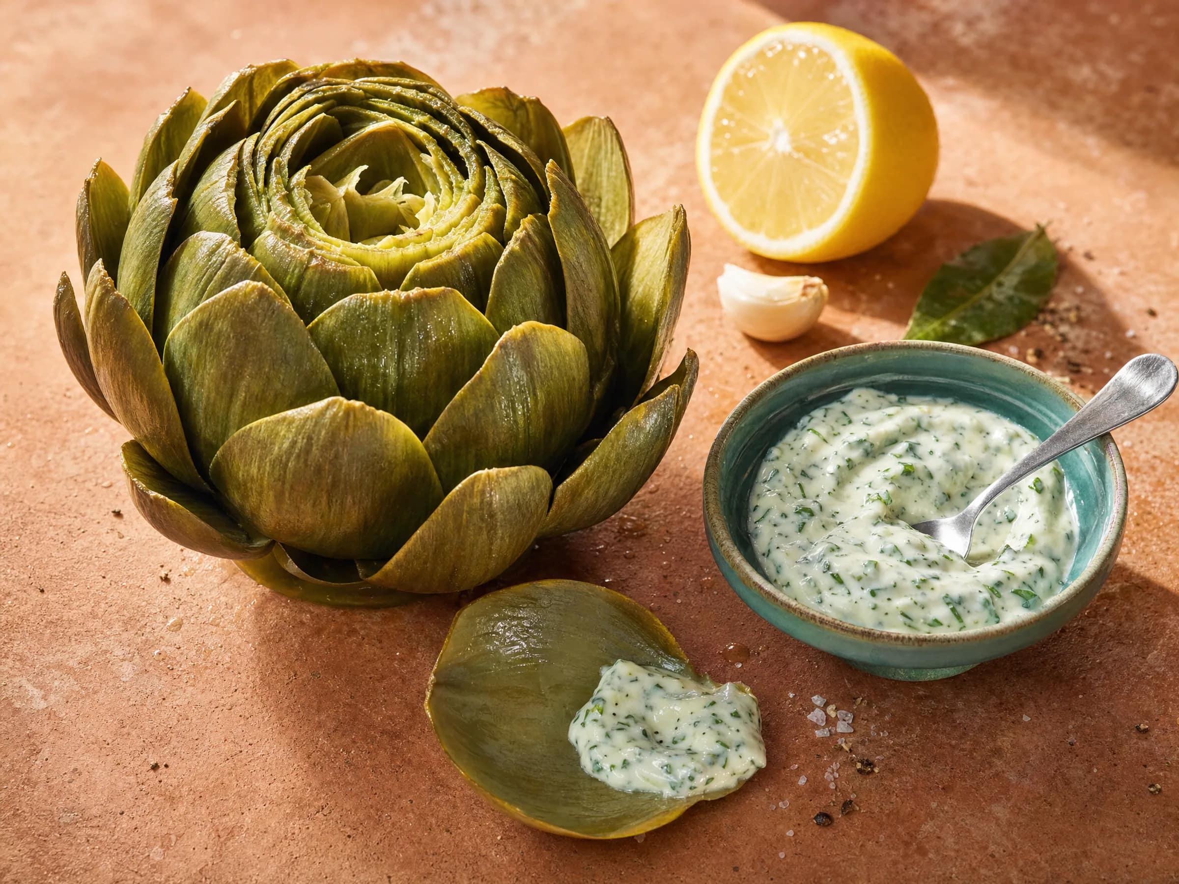 Frische Artischocken mit Zitronen-Kräuter-Dip