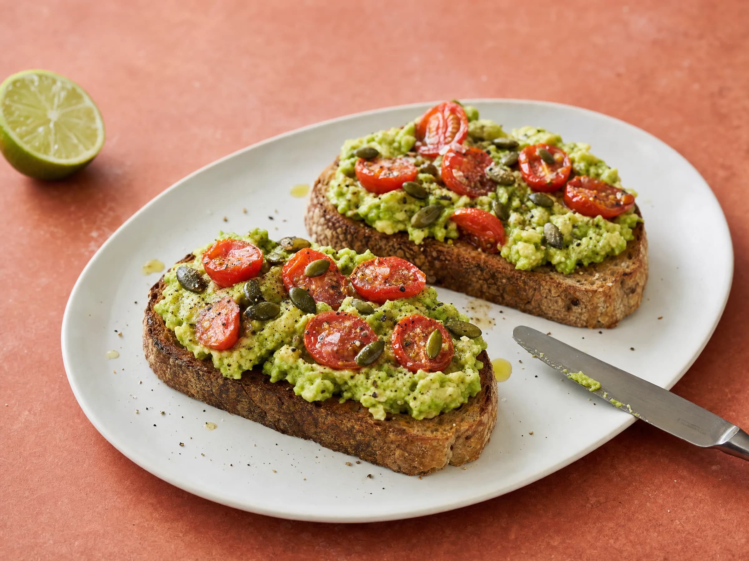 Avocado-Brot mit Limette und Tomaten, bestreut mit Kürbiskernen Rezeptfoto Avocado-Brot mit Limette und Tomaten, bestreut mit Kürbiskernen fertig angerichtet