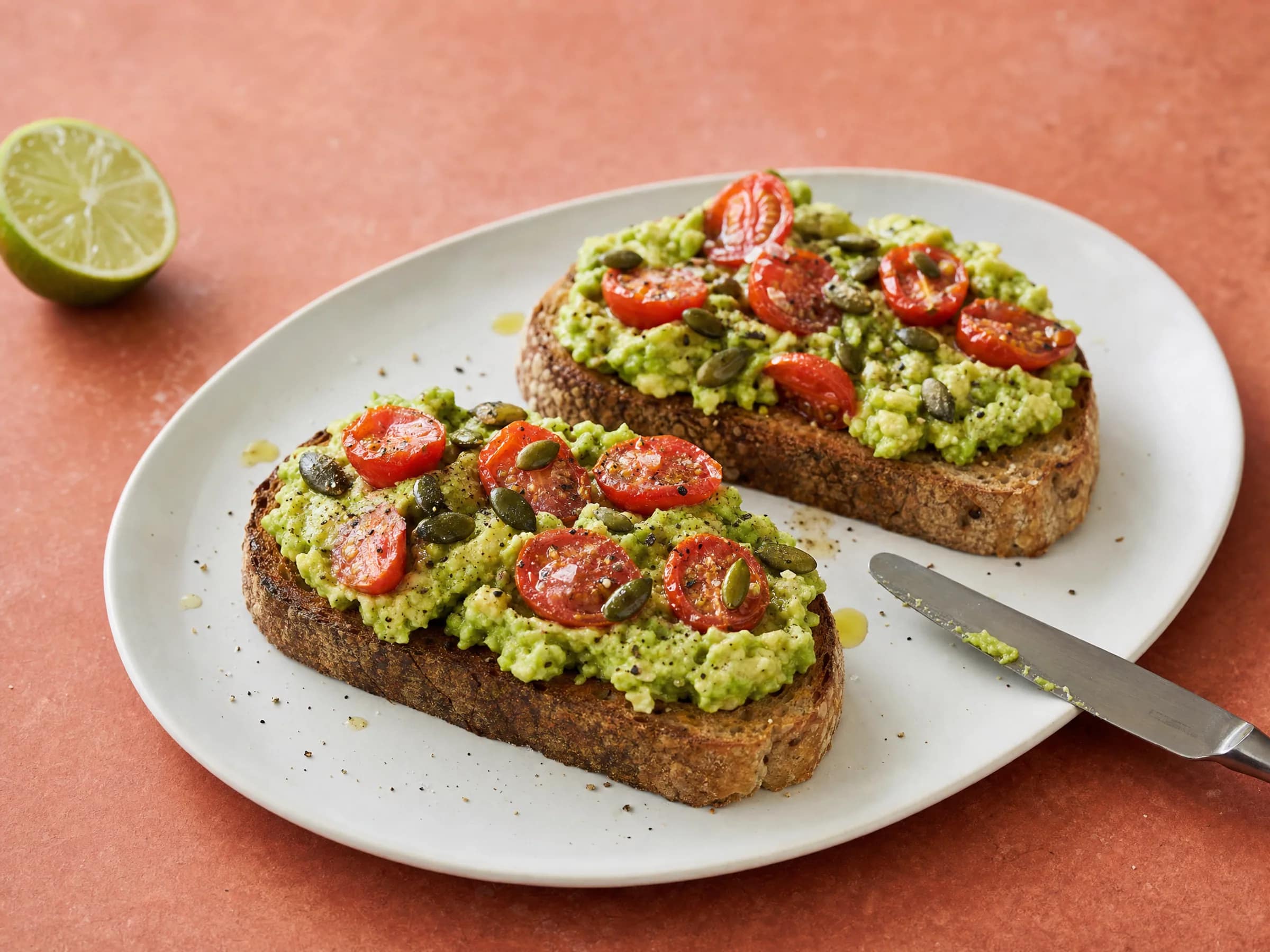 Avocado-Brot mit Tomaten, Limette und Kürbiskernen