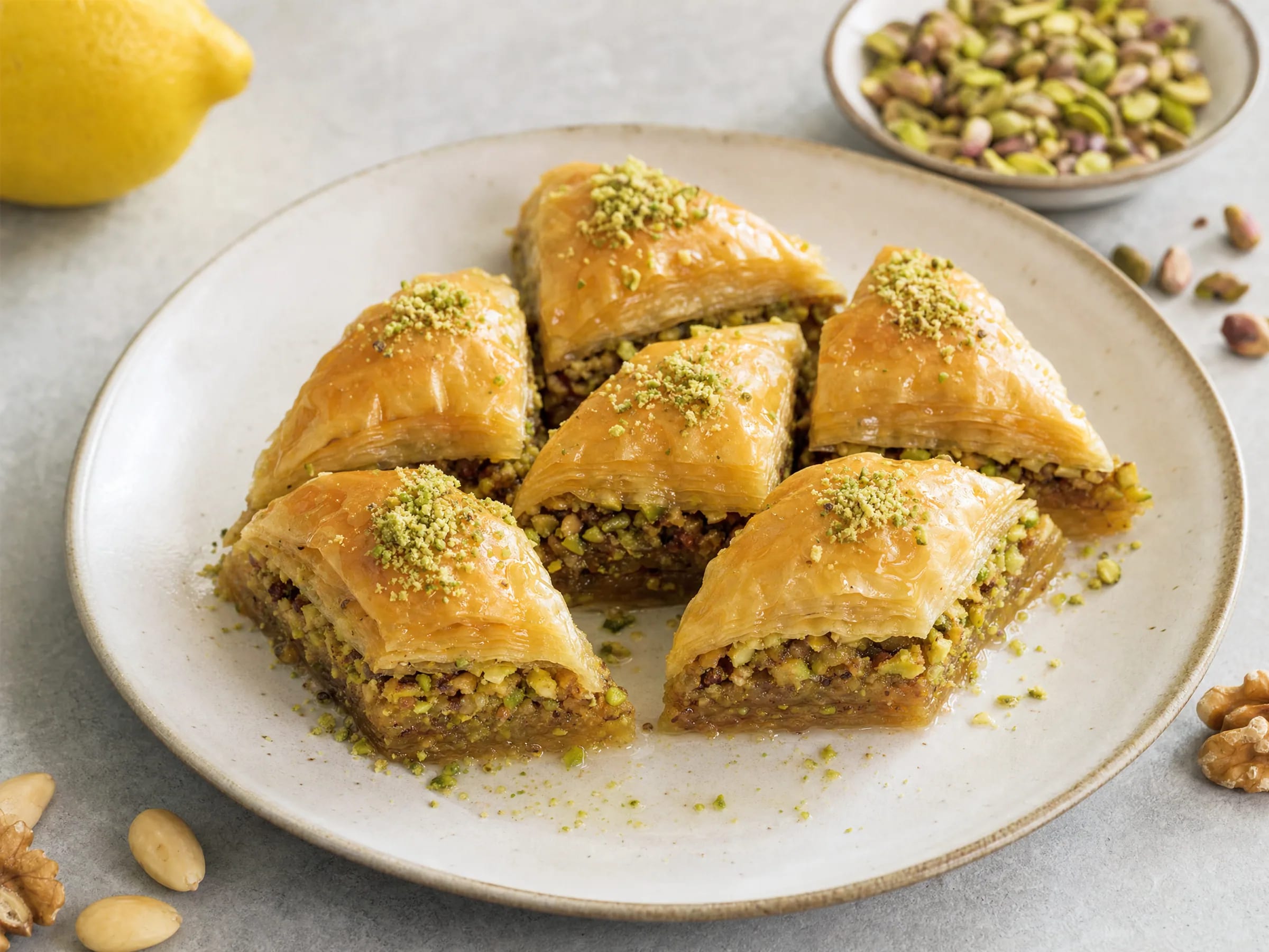Baklava mit Filoteig, Pistazien und kaltem Sirup Rezeptfoto Baklava mit Filoteig, Pistazien und kaltem Sirup fertig angerichtet