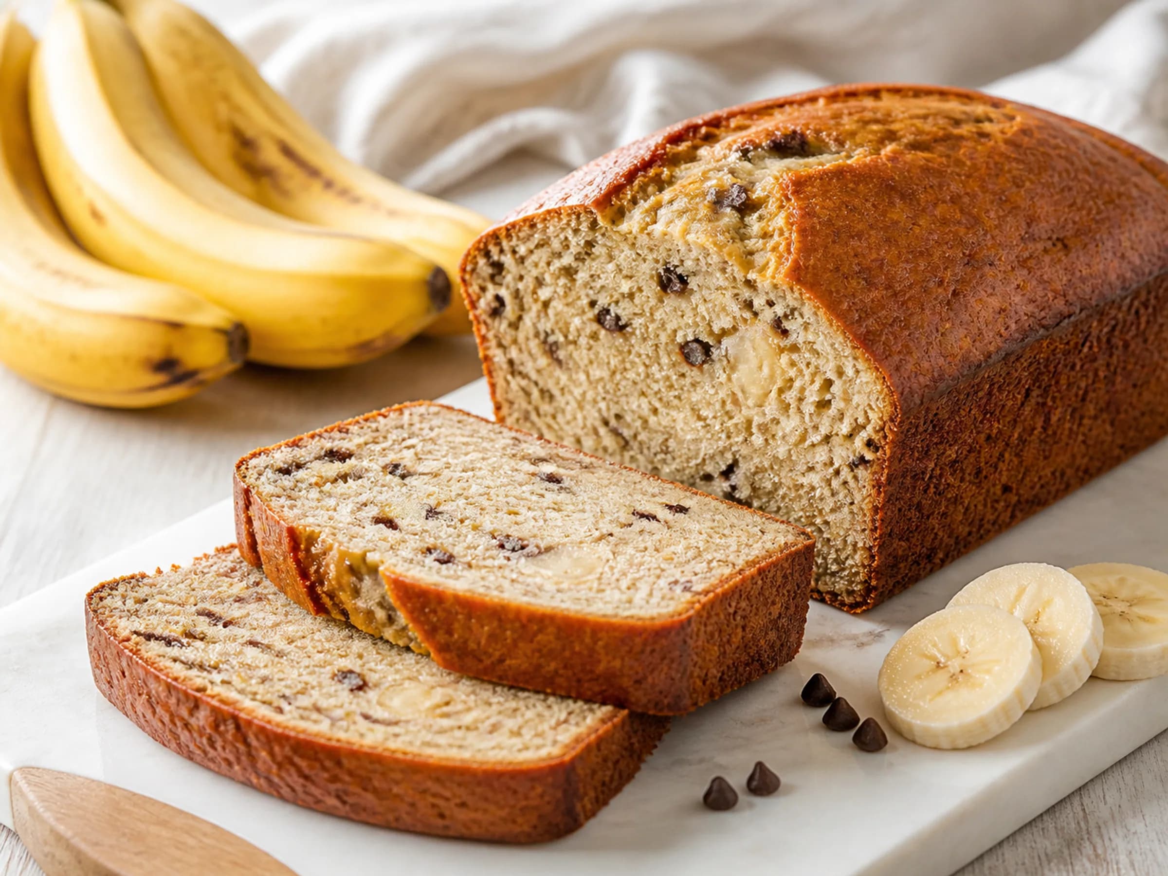 Bananenkuchen mit Schokostückchen Saftiger Bananenkuchen aus der Kastenform mit Schokostückchen und weicher Krume