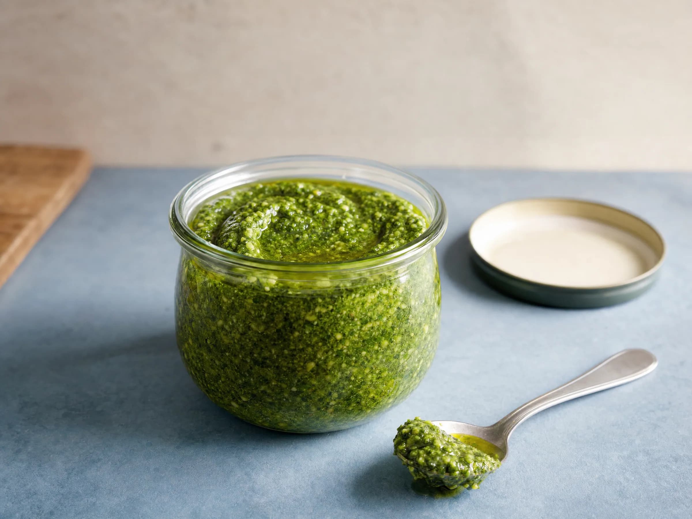 Basilikum-Pesto selber machen – Pesto Genovese mit Pinienkernen Rezeptfoto Basilikum-Pesto selber machen – Pesto Genovese mit Pinienkernen fertig angerichtet