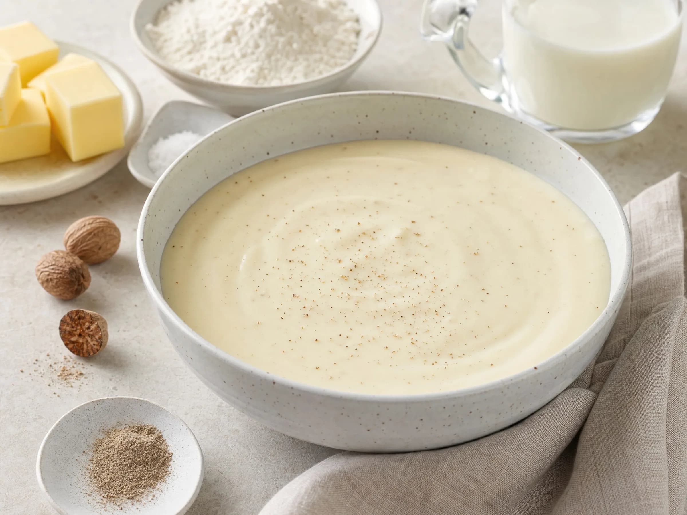 Béchamelsauce Rezeptfoto im Standardformat Glatt gerührte Béchamelsauce aus heller Roux im Topf