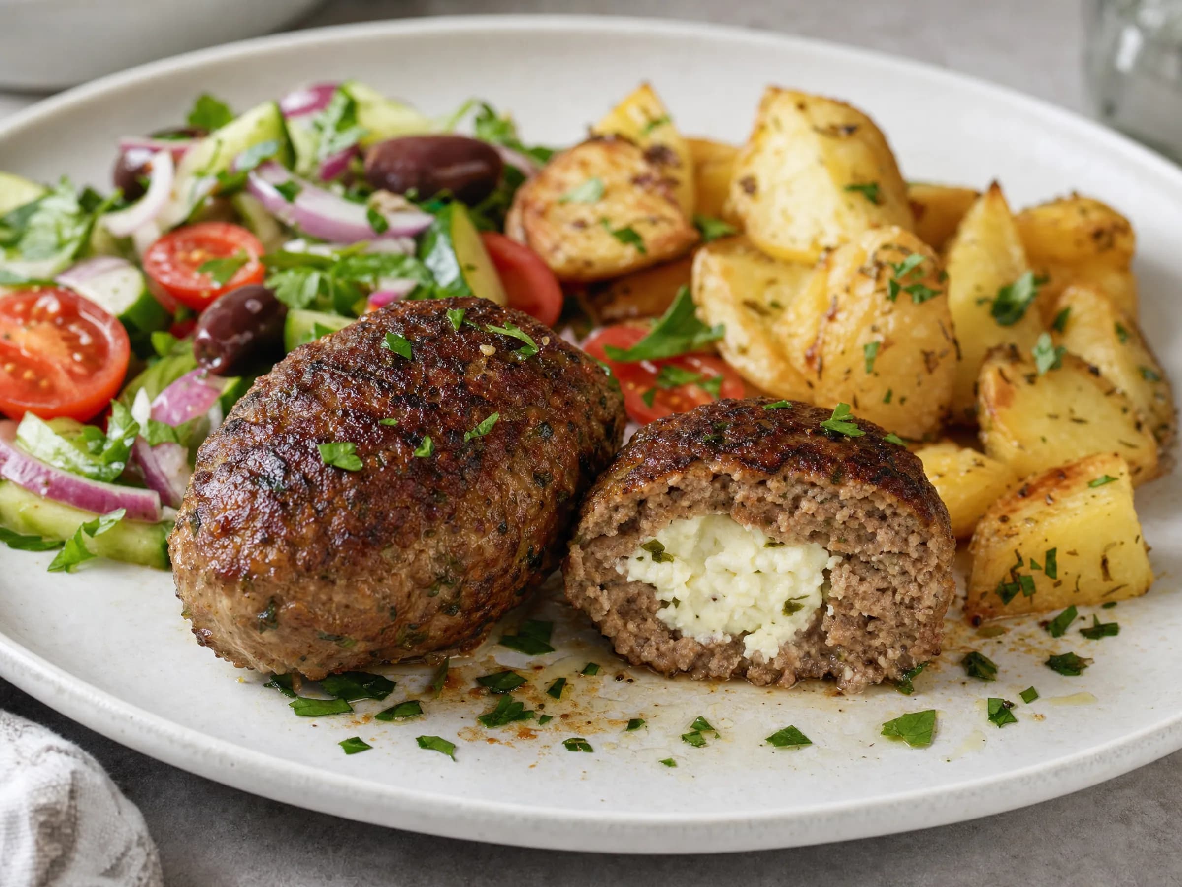 Bifteki mit Feta aus der Pfanne Rezeptfoto Bifteki mit Feta aus der Pfanne fertig angerichtet