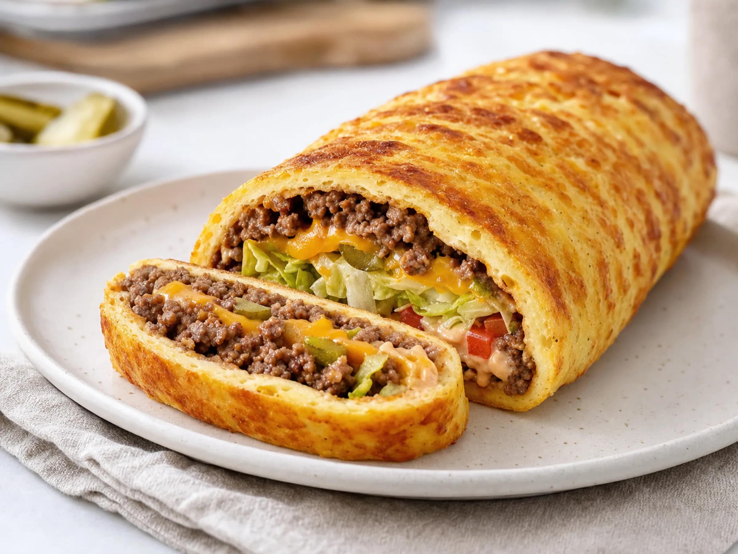 Big Mac Rolle Low Carb mit Rinderhack und Quark-Käse-Teig
