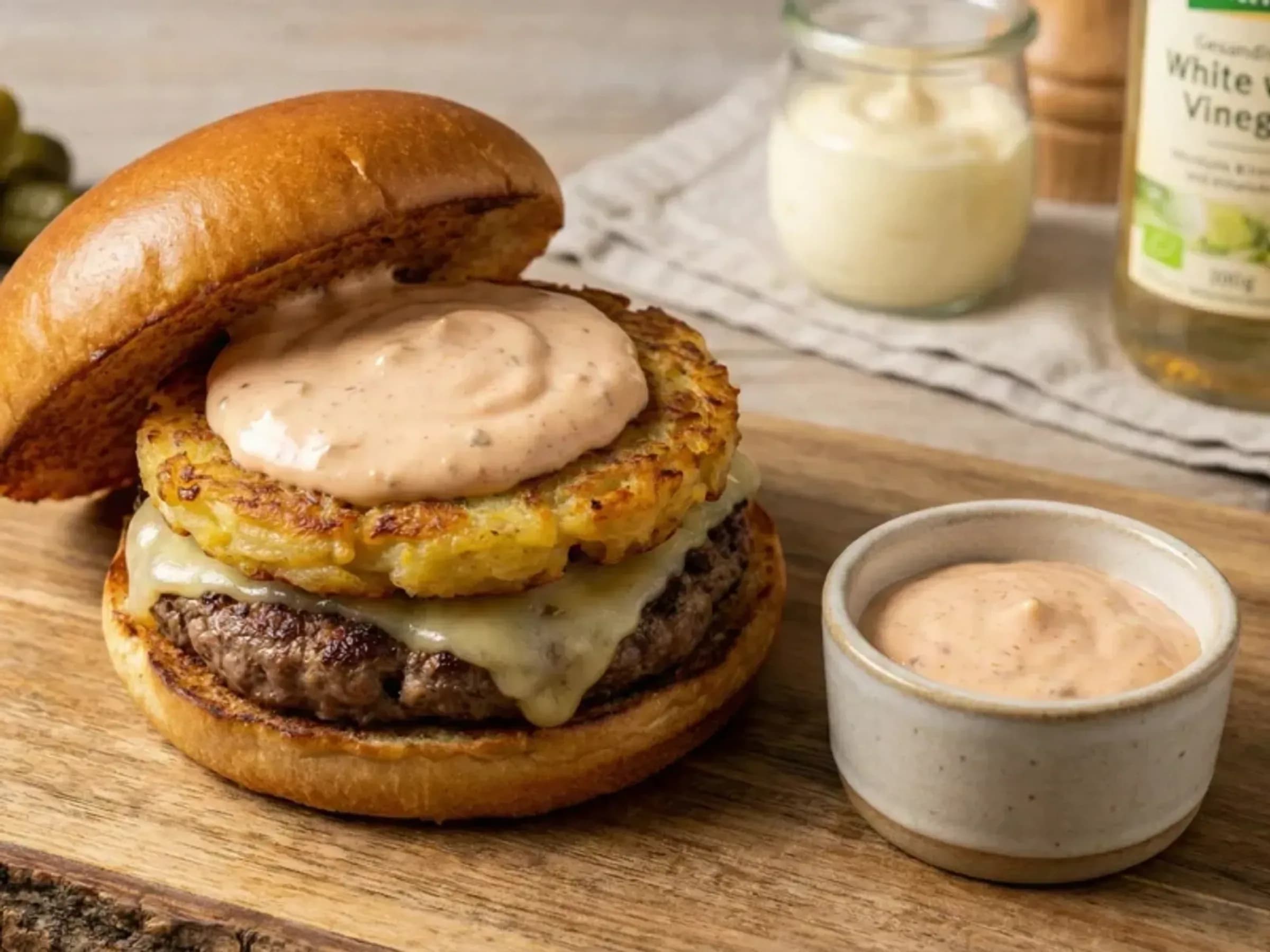 Big Rösti Sauce in der Schale Cremige Big Rösti Sauce mit Cornichons in einer kleinen Schale