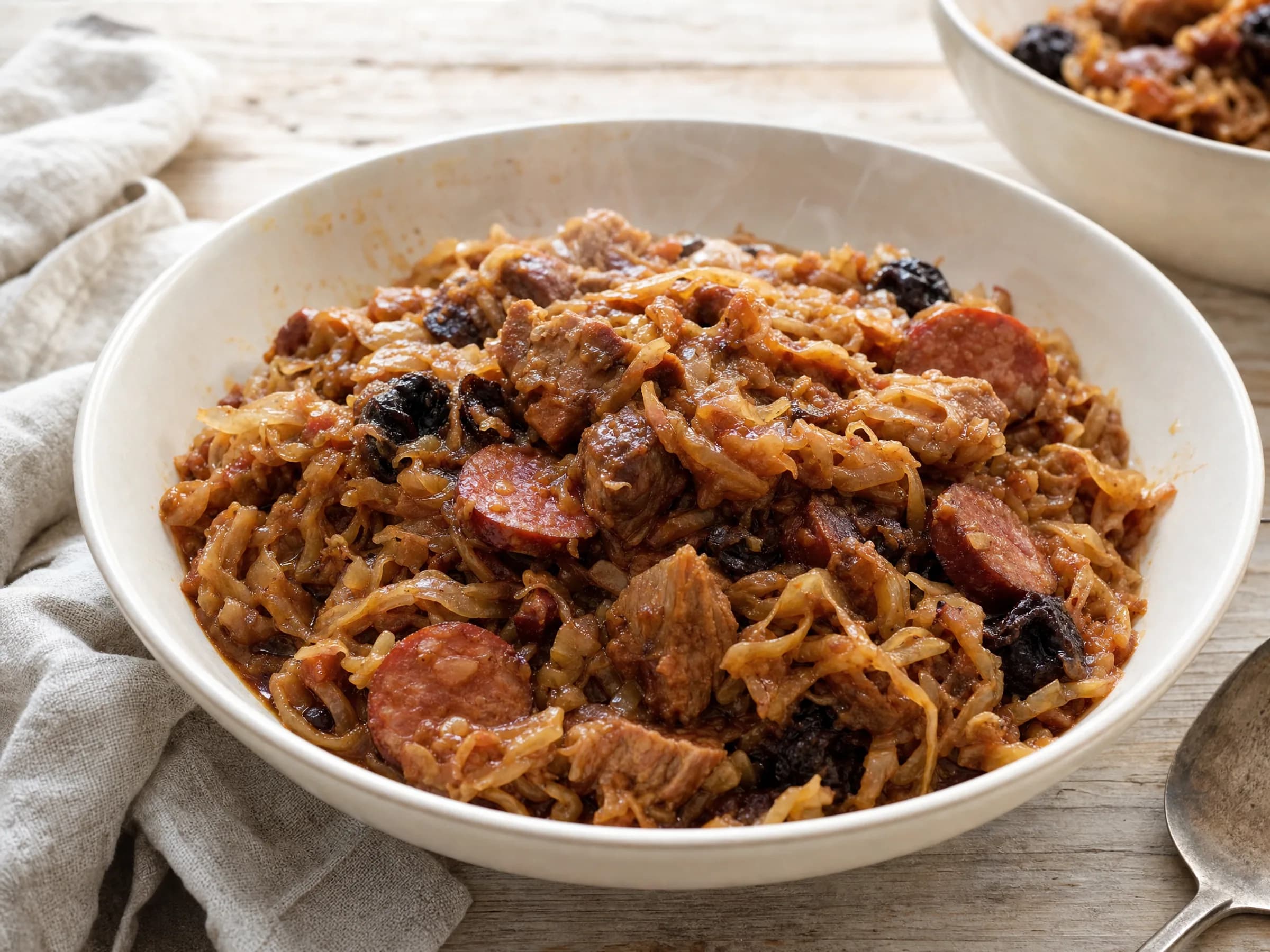 Bigos mit Sauerkraut, Wurst und Schweinefleisch Rezeptfoto Bigos mit Sauerkraut, Wurst und Schweinefleisch fertig angerichtet