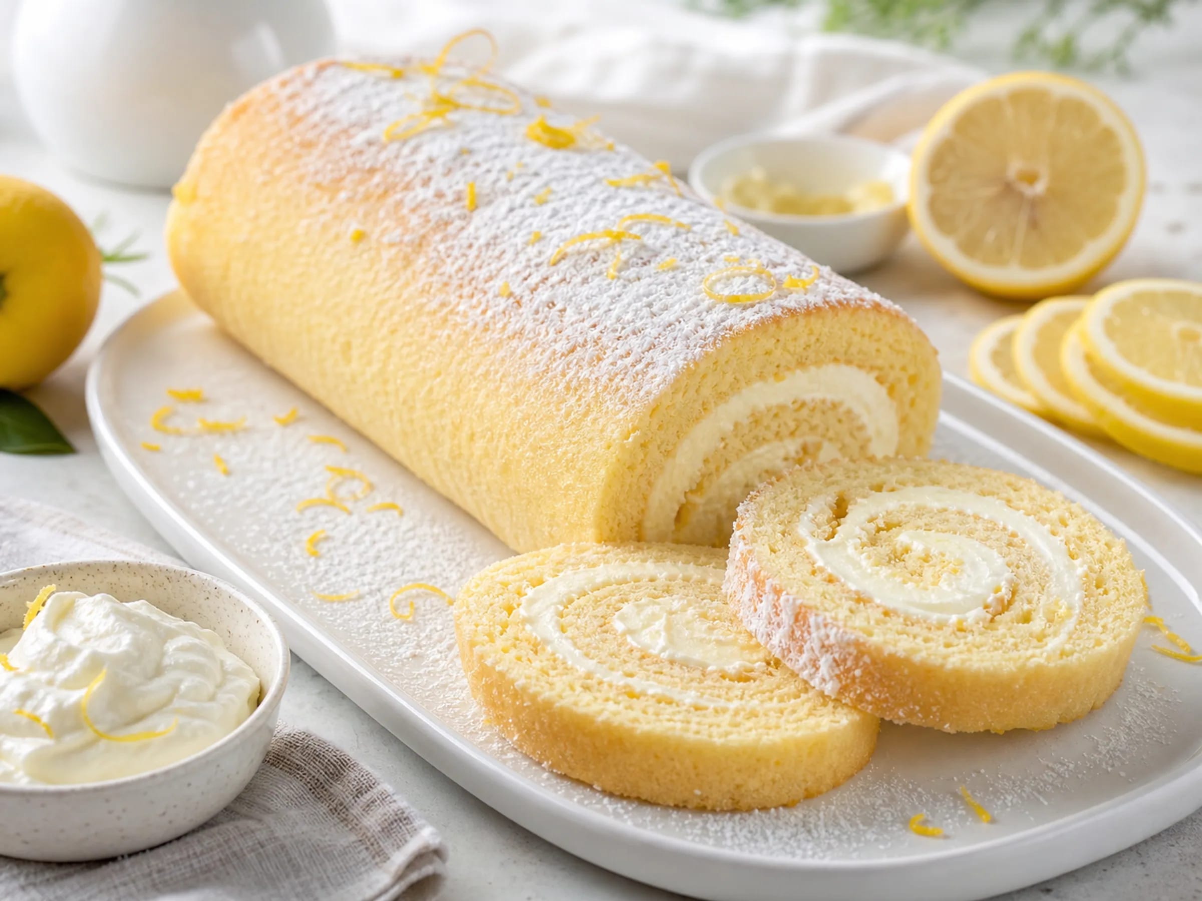 Zitronen-Biskuitrolle mit Quark-Sahne Angeschnittene Zitronen-Biskuitrolle mit Quark-Sahne-Füllung und Puderzucker