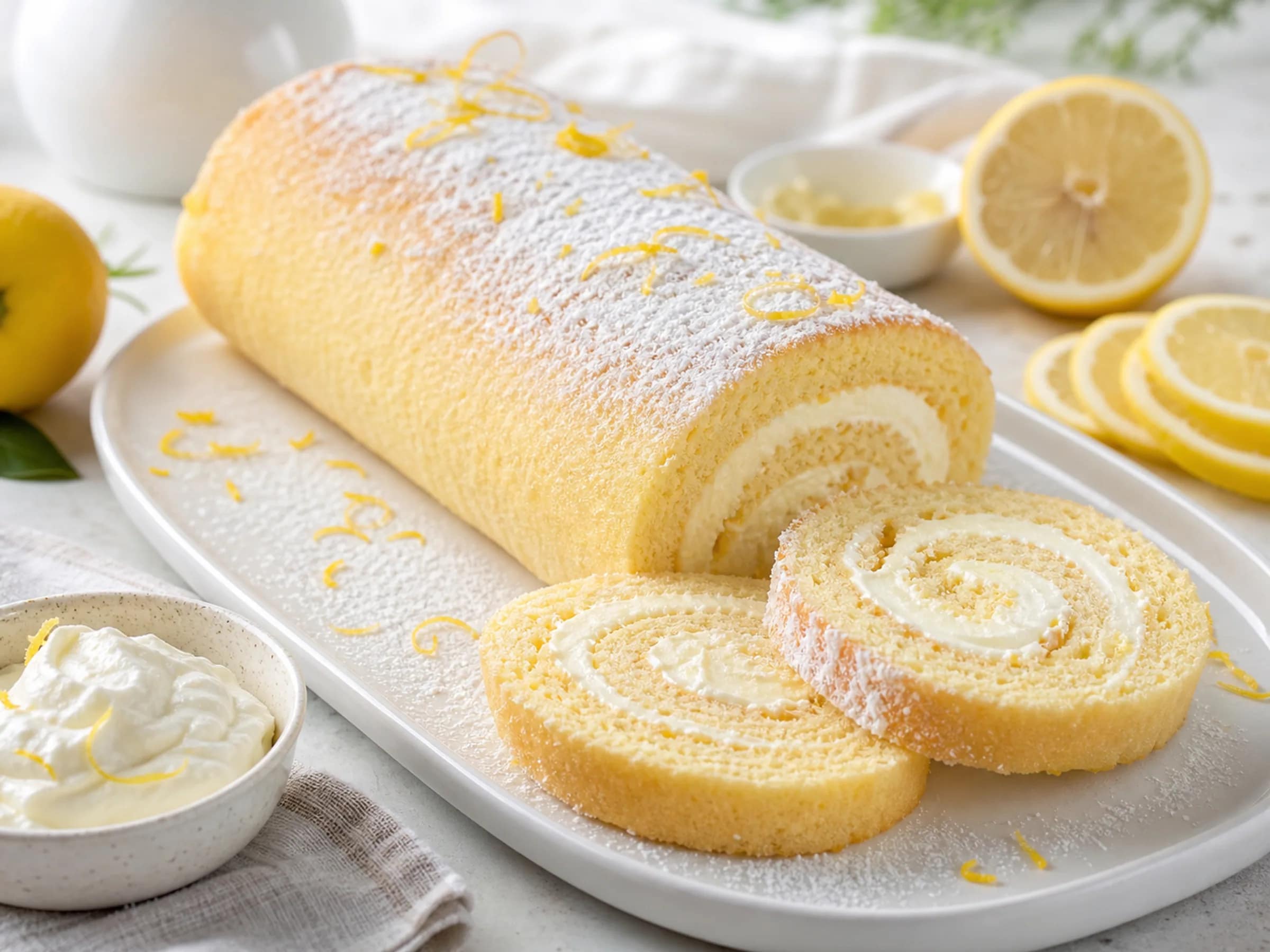 Zitronen-Biskuitrolle mit Quark-Sahne Angeschnittene Zitronen-Biskuitrolle mit Quark-Sahne-Füllung und Puderzucker