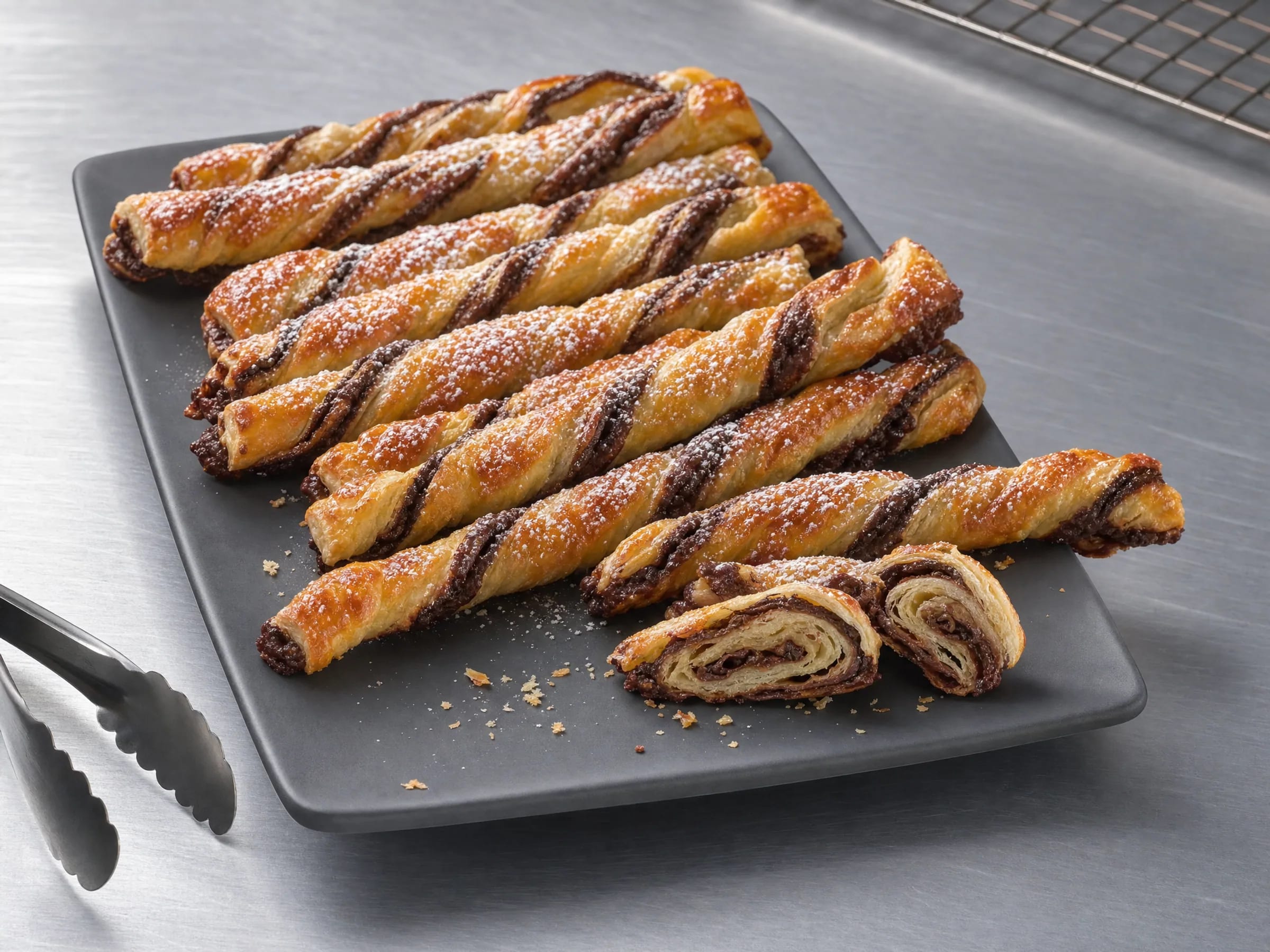 Blätterteig-Stangen mit Nutella – gedreht und goldbraun gebacken Rezeptfoto Blätterteig-Stangen mit Nutella – gedreht und goldbraun gebacken fertig angerichtet