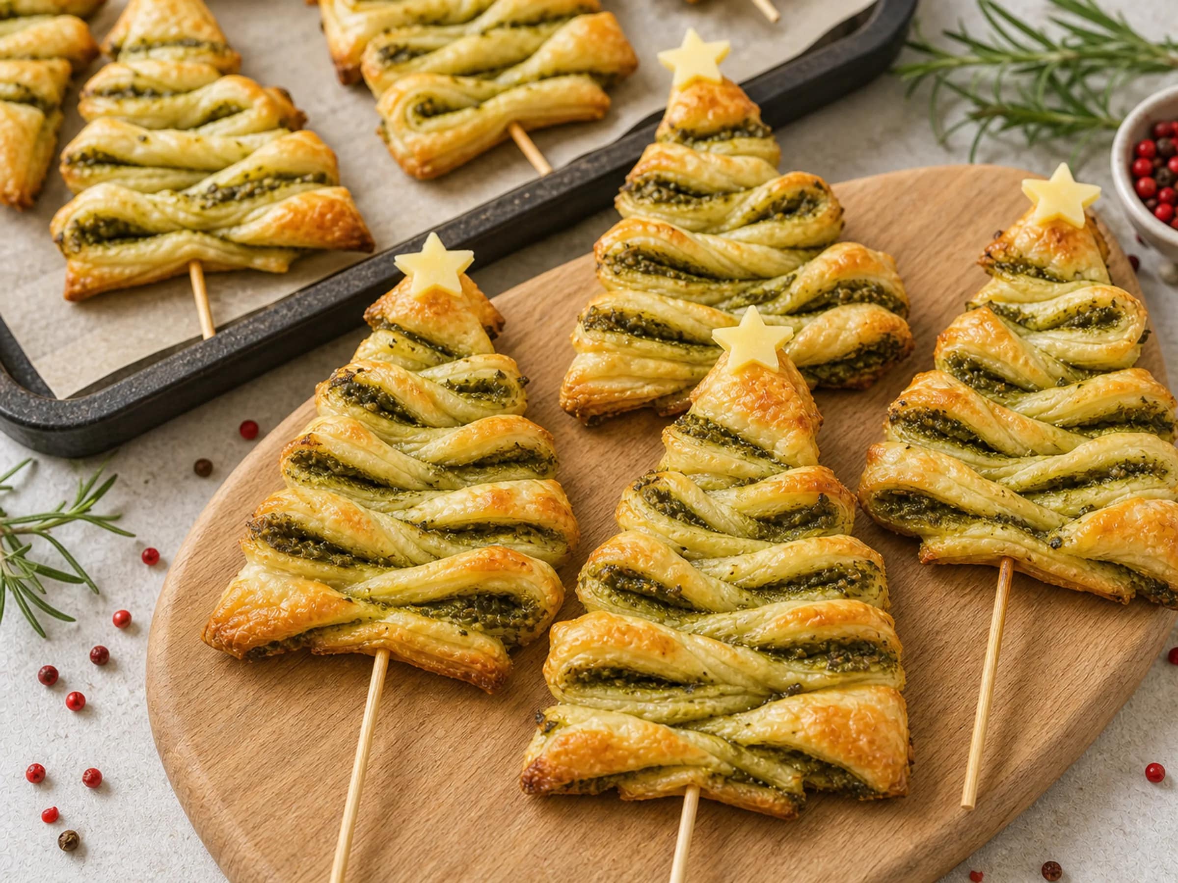 Blätterteig-Tannenbäume mit Pesto-Frischkäse
