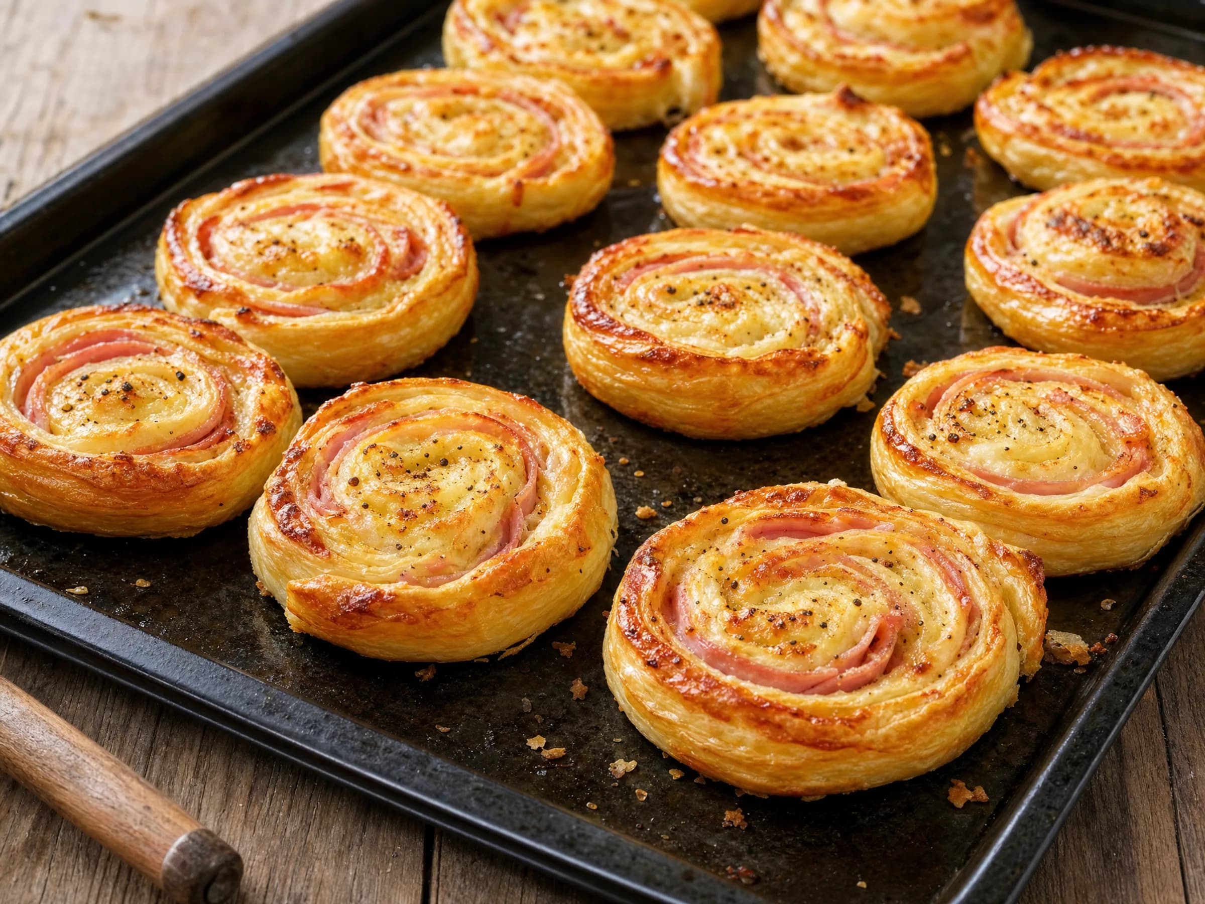 Blätterteigschnecken mit Schinken und Käse – sauber gerollt Rezeptfoto Blätterteigschnecken mit Schinken und Käse – sauber gerollt fertig angerichtet