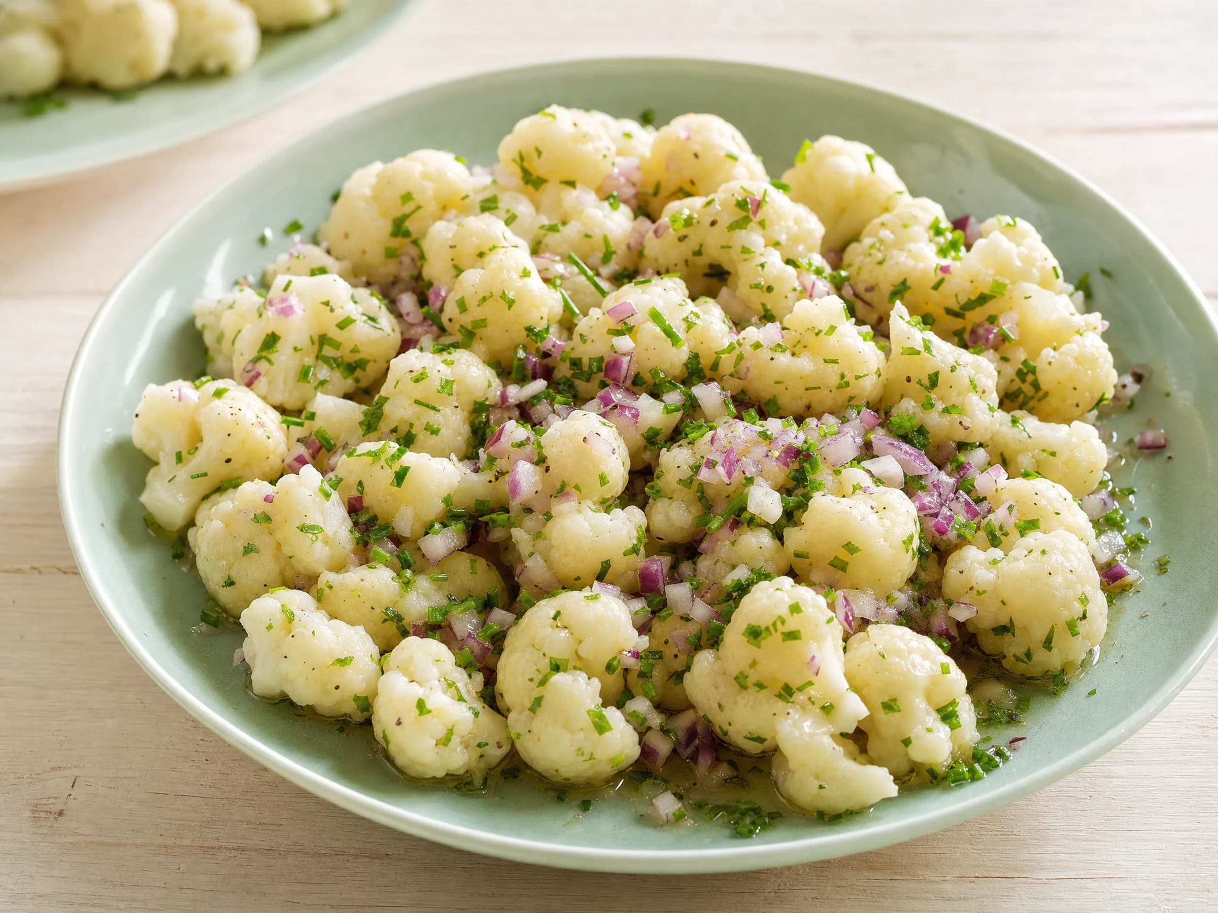 Blumenkohlsalat mit bissfesten Röschen und Kräuter-Vinaigrette Rezeptfoto Blumenkohlsalat mit bissfesten Röschen und Kräuter-Vinaigrette fertig angerichtet