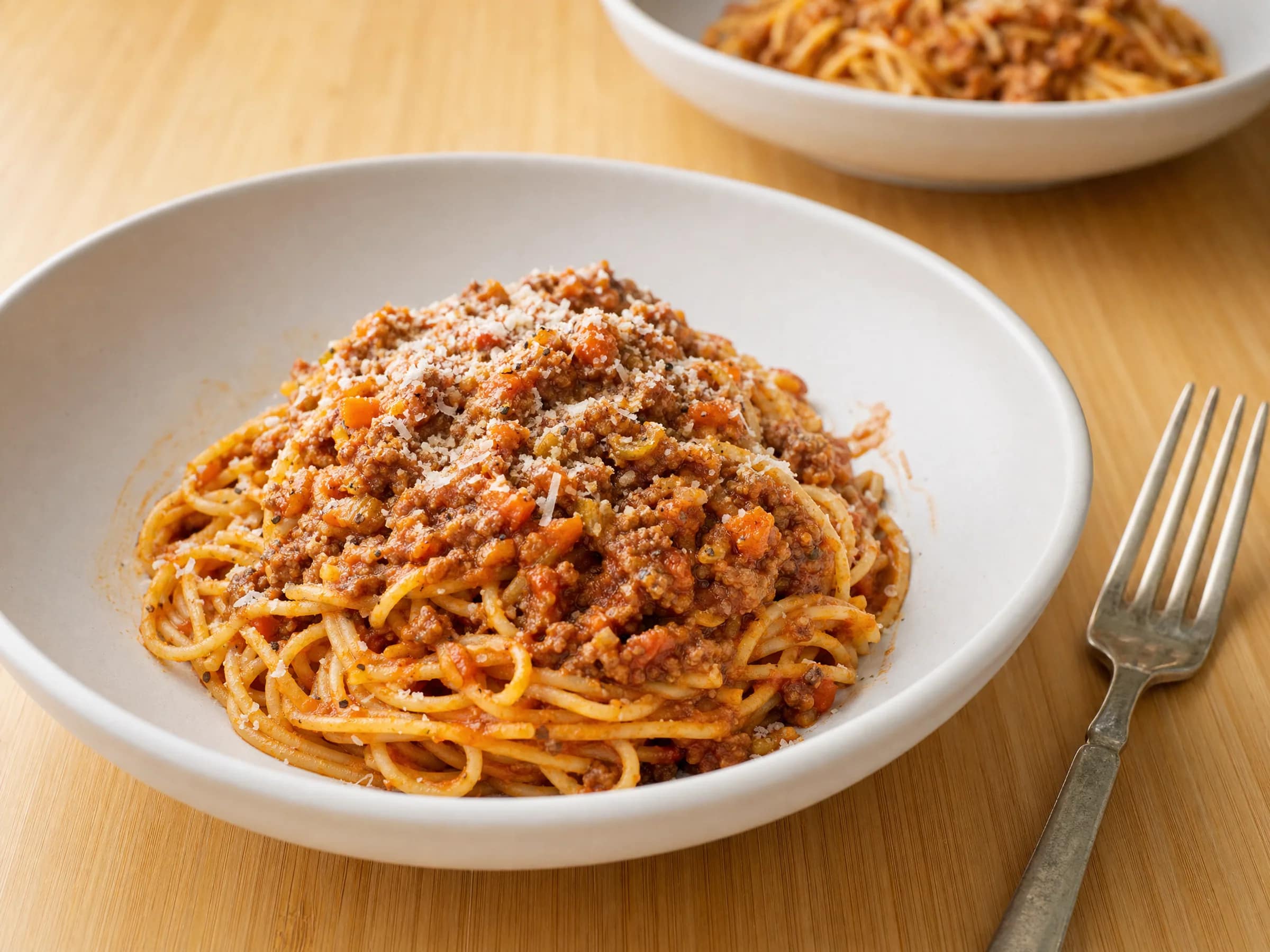 Spaghetti Bolognese mit langsam geschmorter Sauce Rezeptfoto Spaghetti Bolognese mit langsam geschmorter Sauce fertig angerichtet