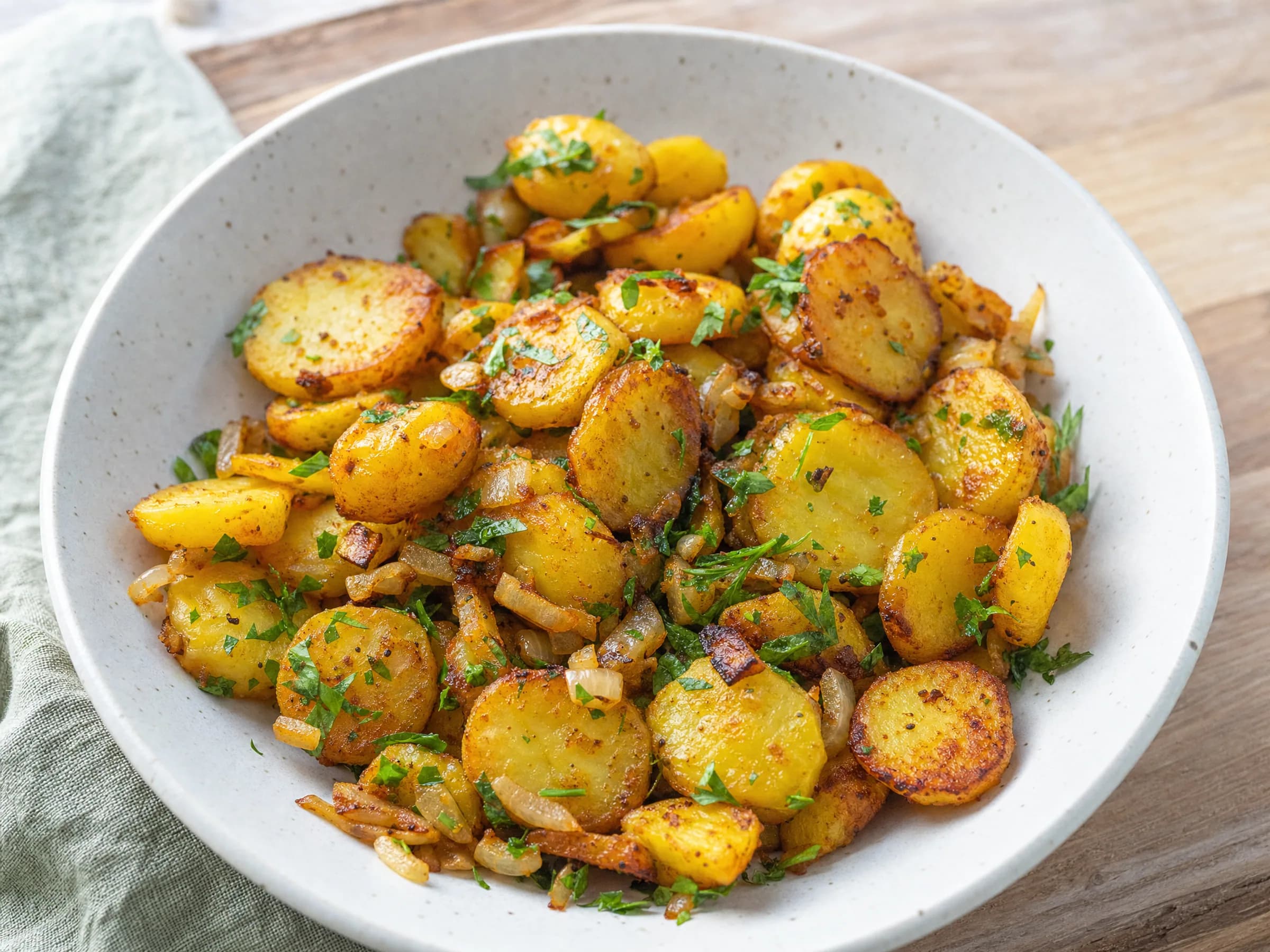Bratkartoffeln im Airfryer aus kalten Pellkartoffeln Rezeptfoto Bratkartoffeln im Airfryer aus kalten Pellkartoffeln fertig angerichtet