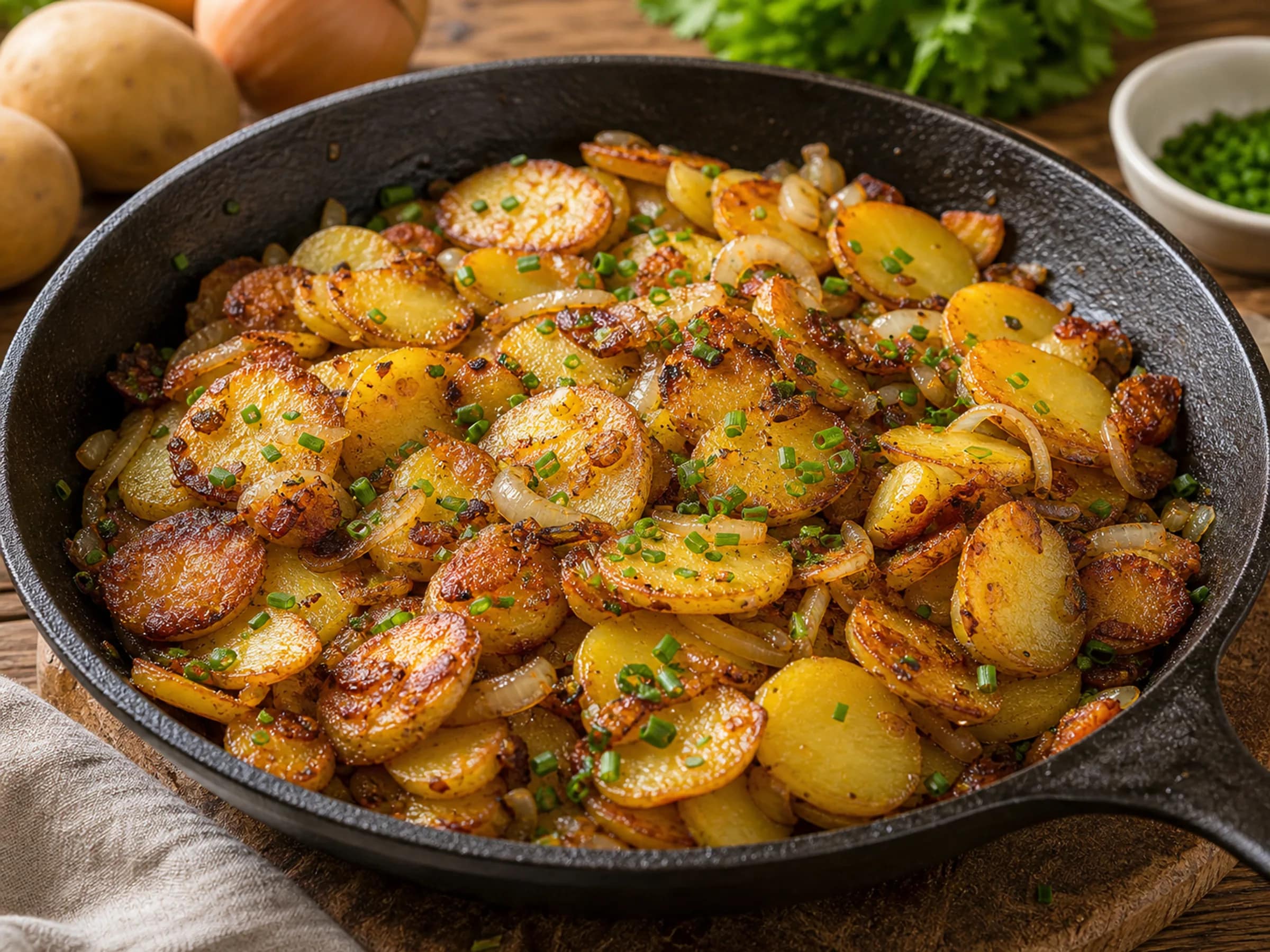 Bratkartoffeln aus der Pfanne mit Zwiebeln