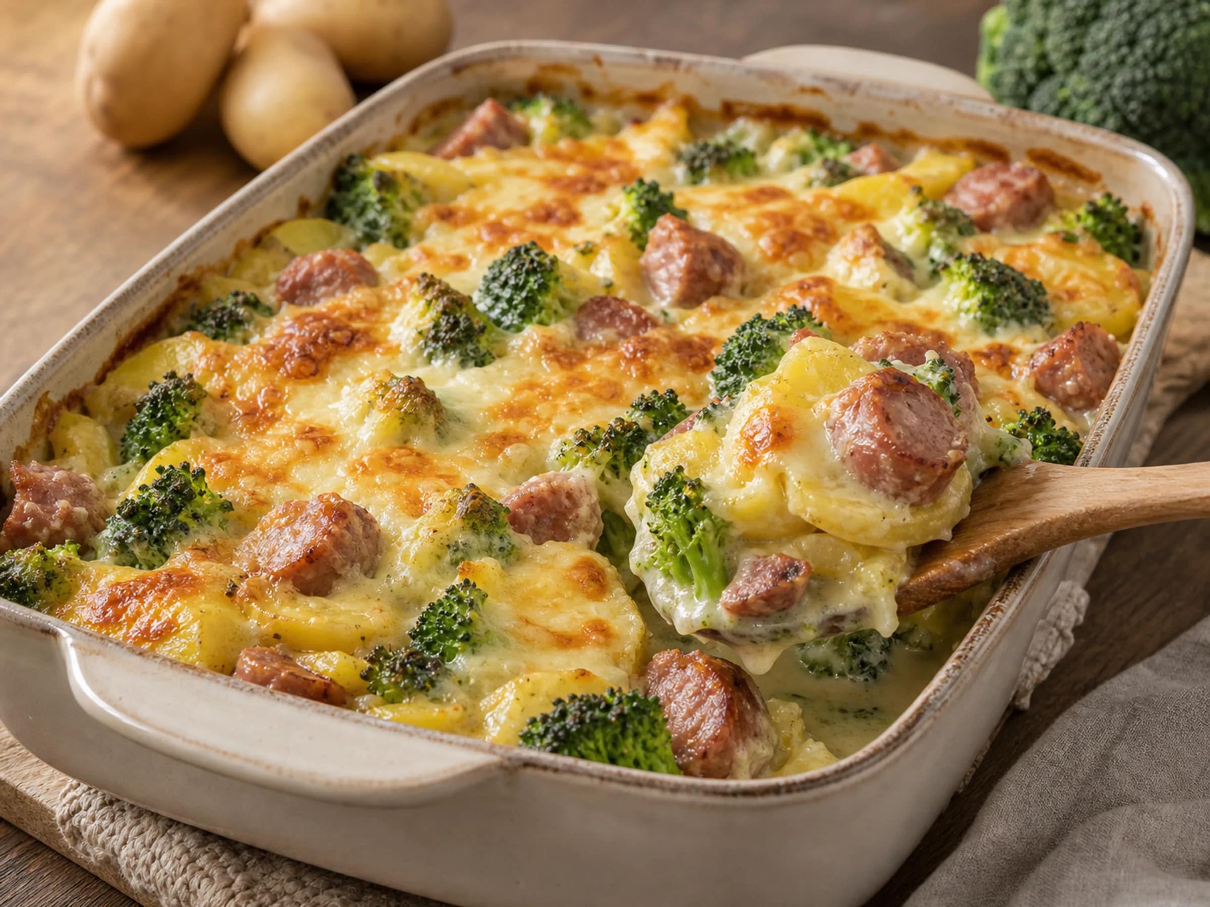 Brokkoli-Kartoffelauflauf mit grober Bratwurst