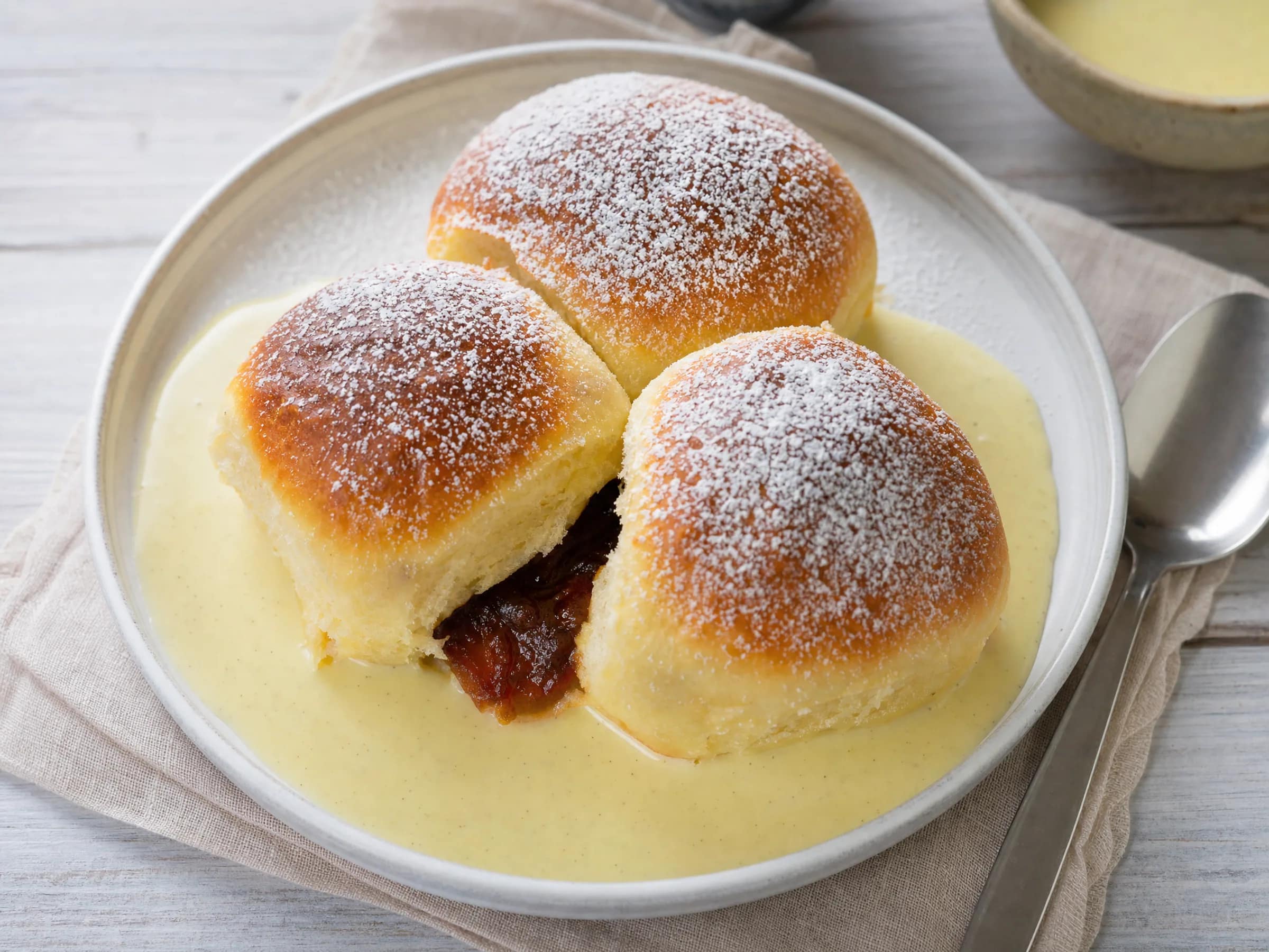 Buchteln mit Pflaumenmus und Vanillesauce aus dem Ofen Rezeptfoto Buchteln mit Pflaumenmus und Vanillesauce aus dem Ofen fertig angerichtet