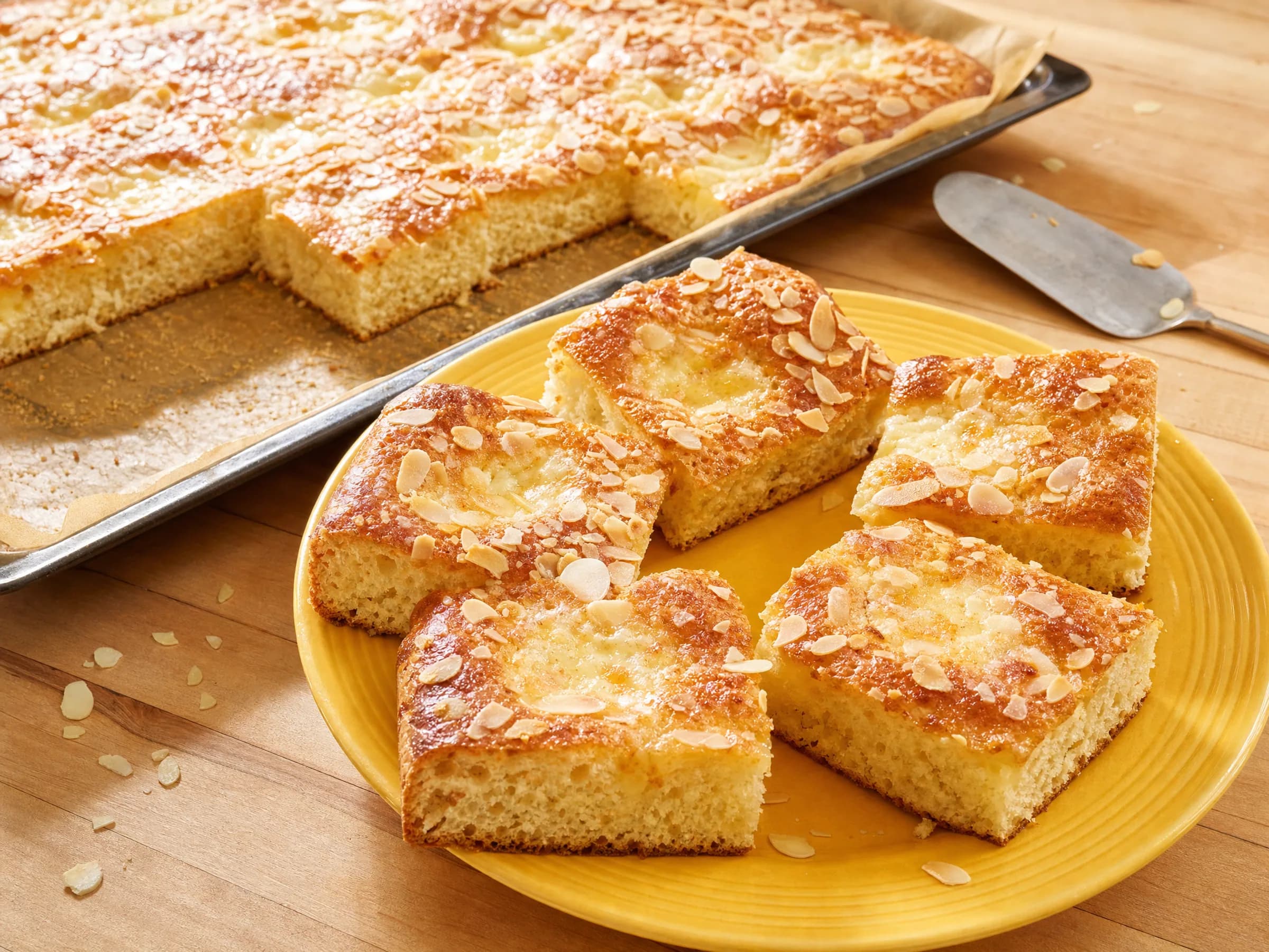 Butterkuchen vom Blech mit Mandeln Rezeptfoto Butterkuchen vom Blech mit Mandeln fertig angerichtet