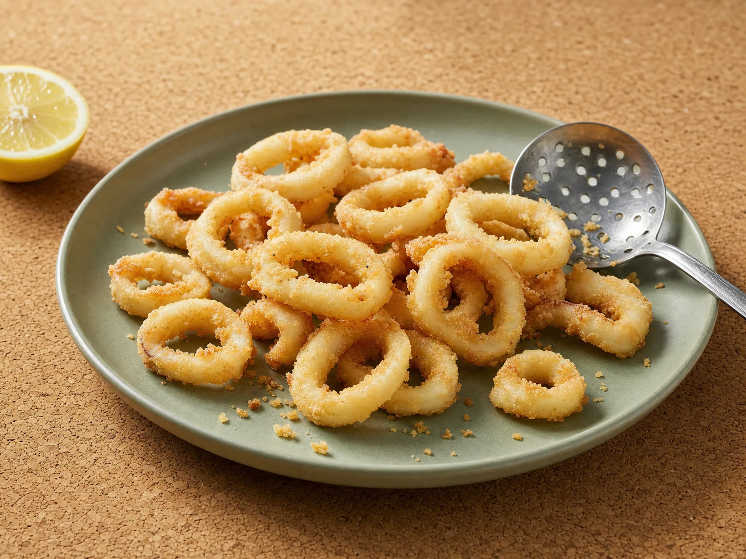 Calamari fritti mit dünner Mehl-Stärke-Panade Rezeptfoto Calamari fritti mit dünner Mehl-Stärke-Panade fertig angerichtet