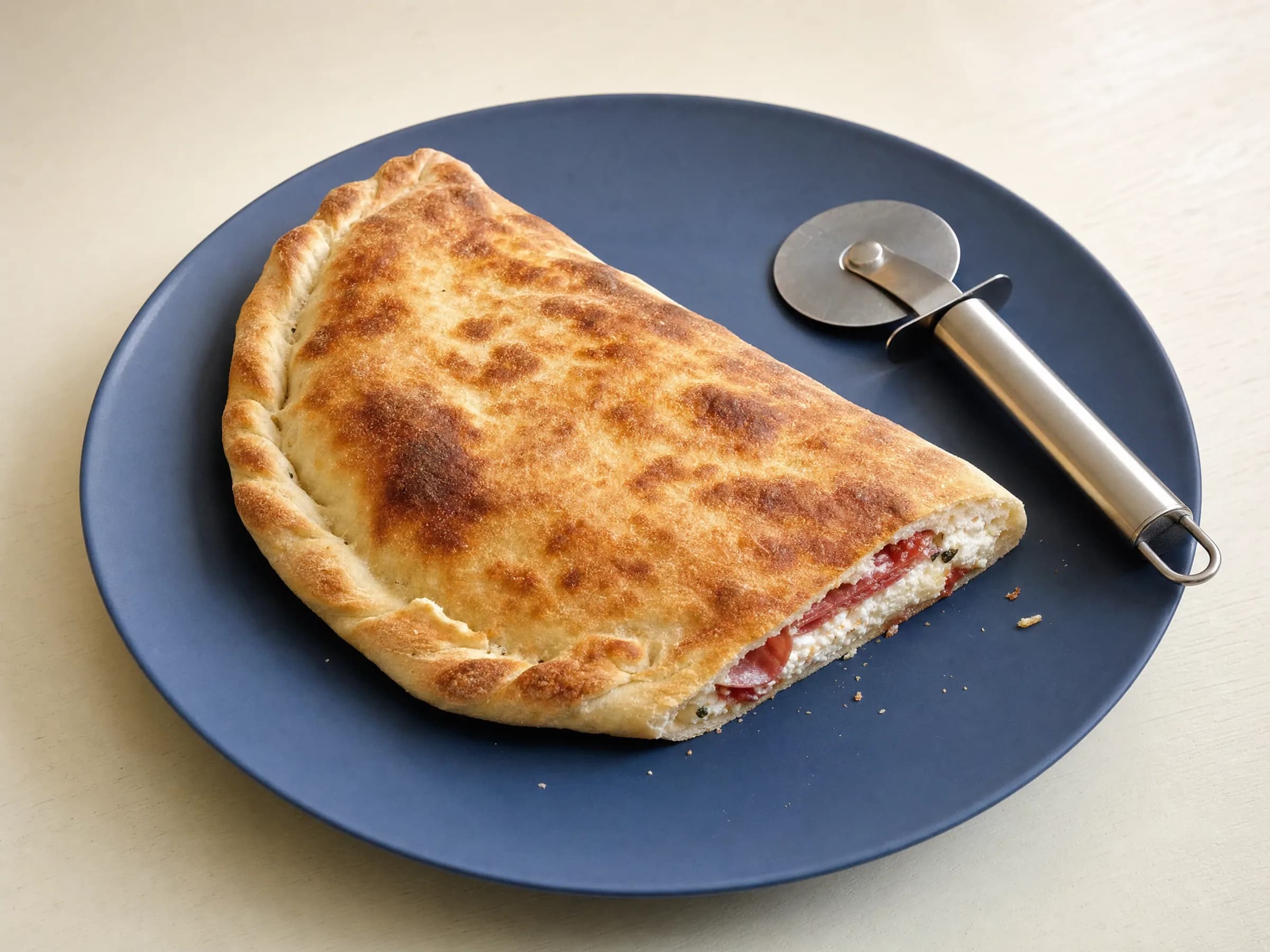 Calzone aus dem Ofen mit Tipo-00-Teig und Ricotta-Salami-Füllung Rezeptfoto Calzone aus dem Ofen mit Tipo-00-Teig und Ricotta-Salami-Füllung fertig angerichtet