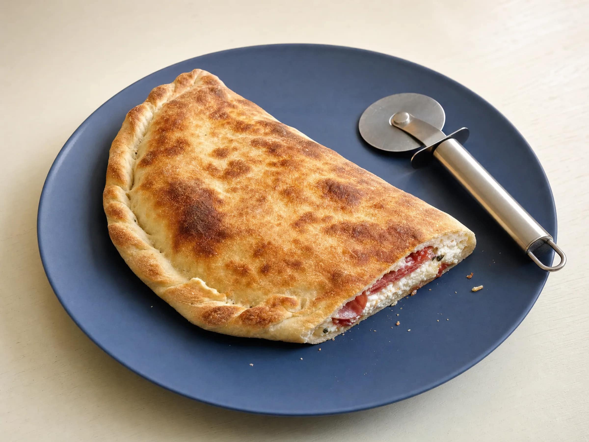 Calzone aus dem Ofen mit Tipo-00-Teig und Ricotta-Salami-Füllung