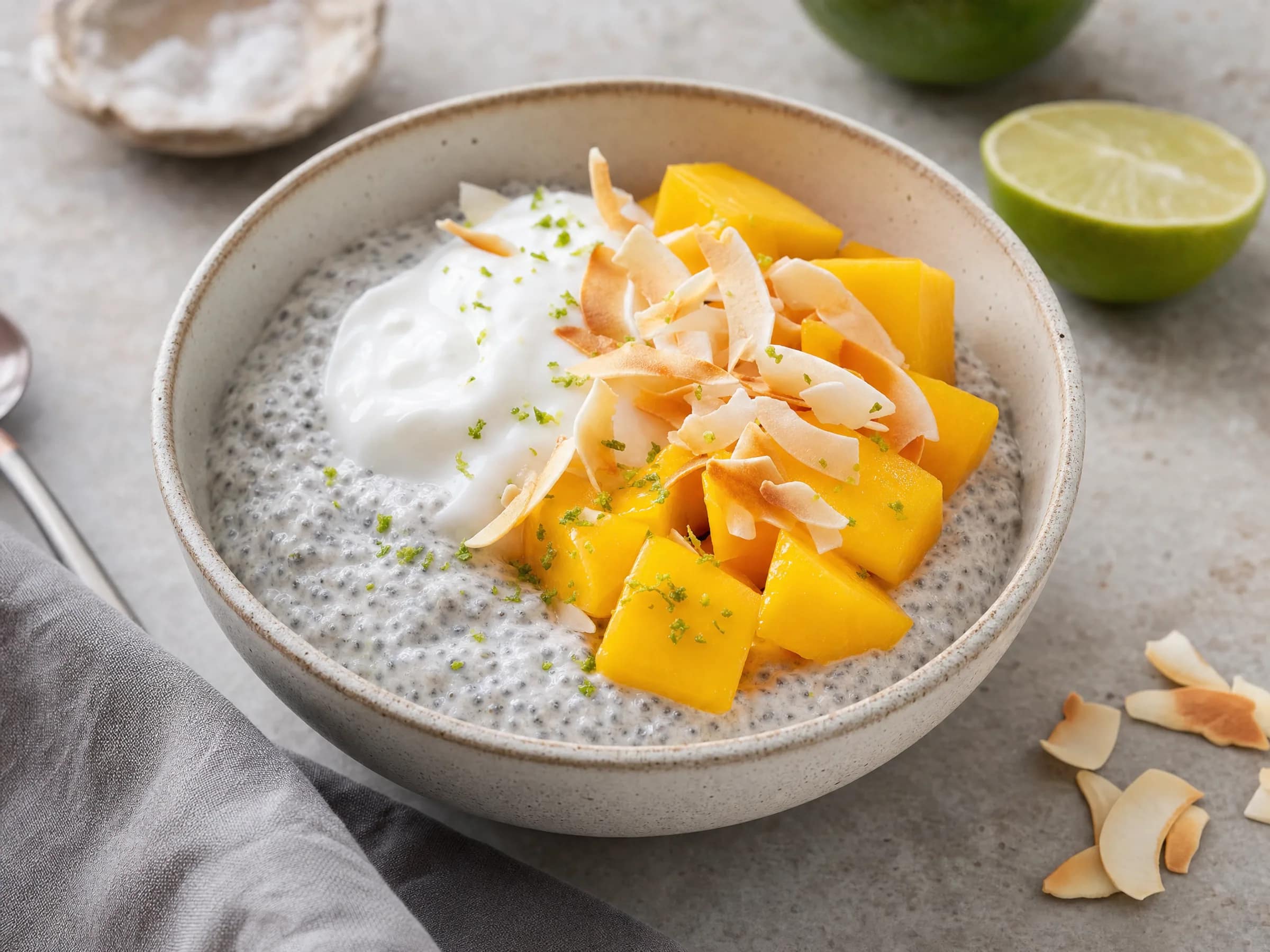 Chia-Pudding mit Kokosmilch, Mango und Kokosjoghurt