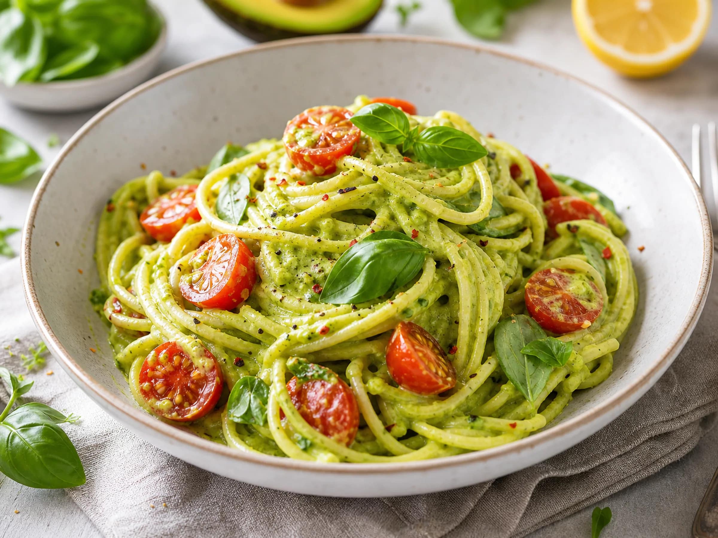 Cremige Avocado-Pasta mit Basilikum und Tomaten