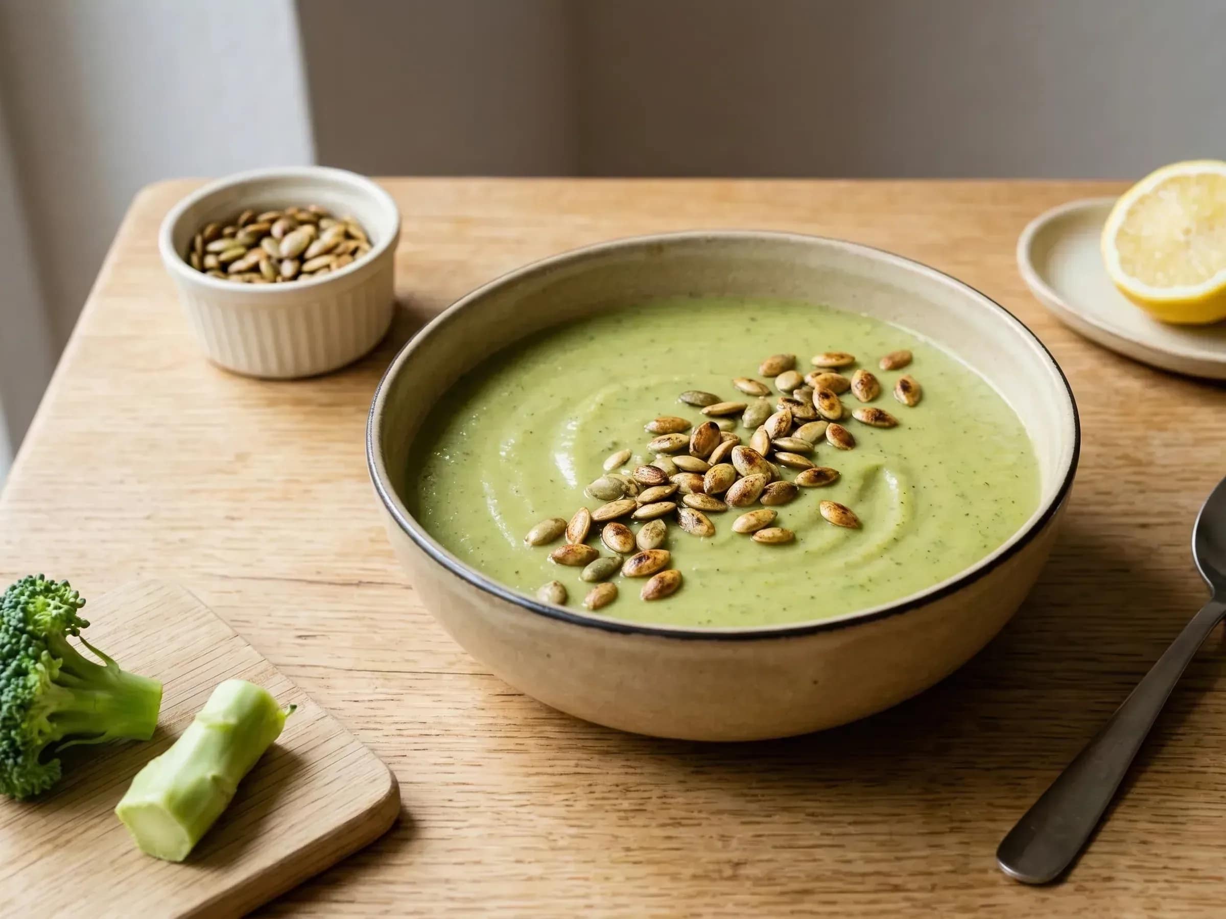 Brokkolisuppe mit Kartoffeln und Kürbiskernen Cremige Brokkolisuppe mit Kürbiskernen und Brokkoliröschen