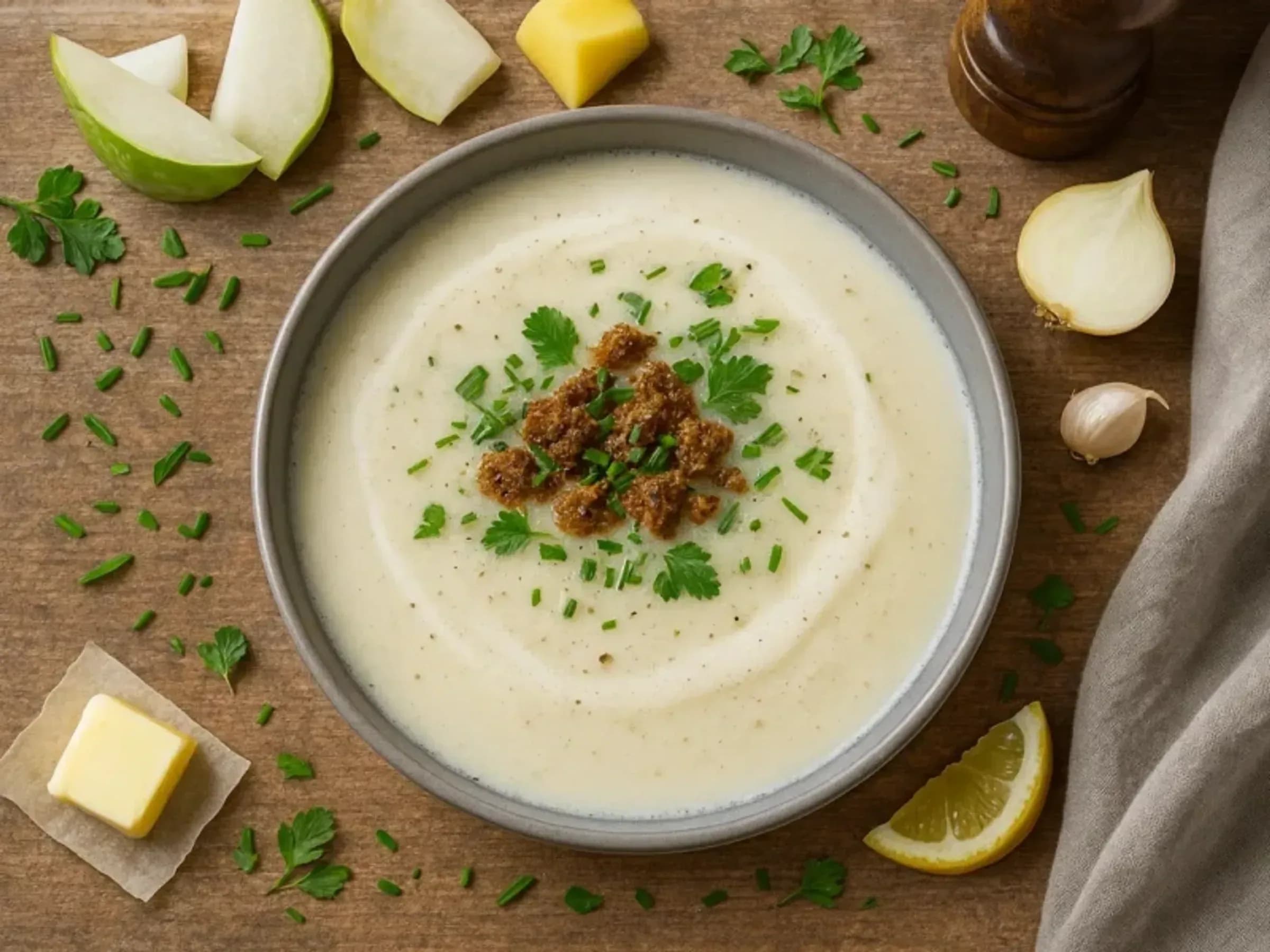 Kohlrabisuppe mit Kartoffeln und Sahne Rezeptfoto Kohlrabisuppe mit Kartoffeln und Sahne fertig angerichtet