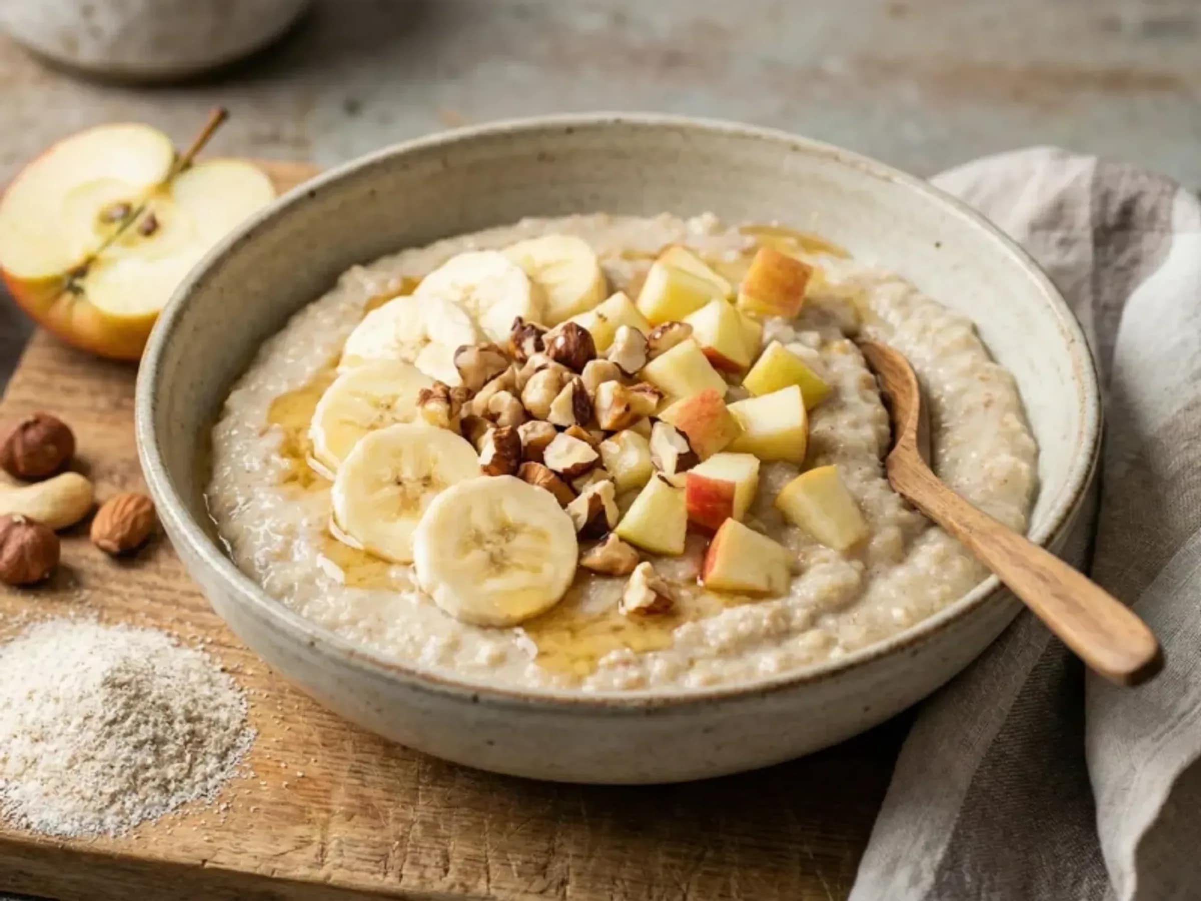Dinkelgrießbrei mit Apfel, Banane und Walnüssen