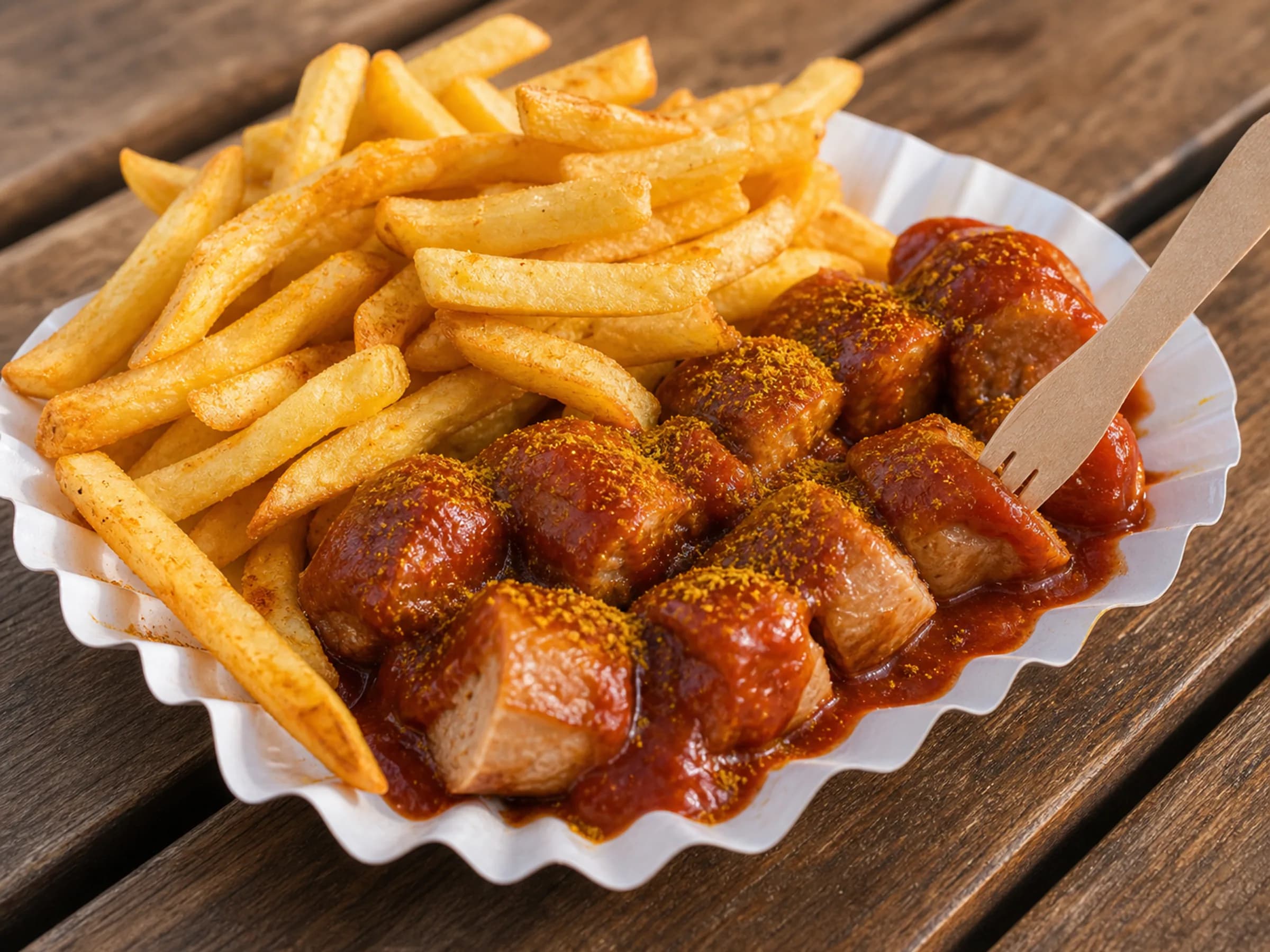 Currywurst mit Pommes und Currysauce Currywurst mit roter Currysauce, Currypulver und knusprigen Pommes