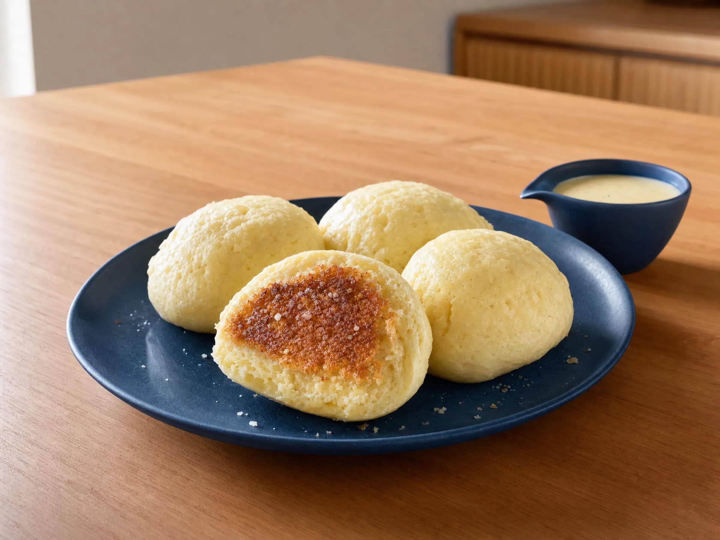 Pfälzer Dampfnudeln mit Salzkruste und Vanillesoße Vier Pfälzer Dampfnudeln auf blauem Teller, eine mit sichtbarer goldener Salzkruste, daneben Vanillesoße