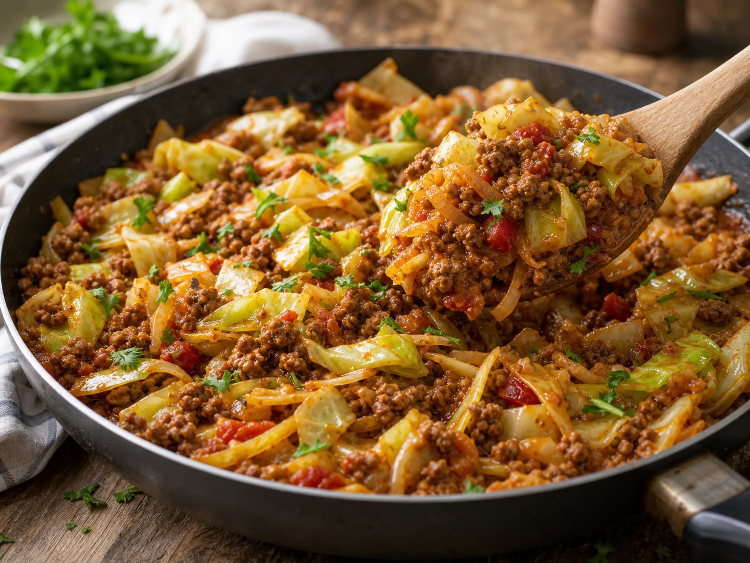 Deftige Hack-Spitzkohl-Pfanne Hack-Spitzkohl-Pfanne mit Rinderhack, Tomatenbasis und gehackter Petersilie