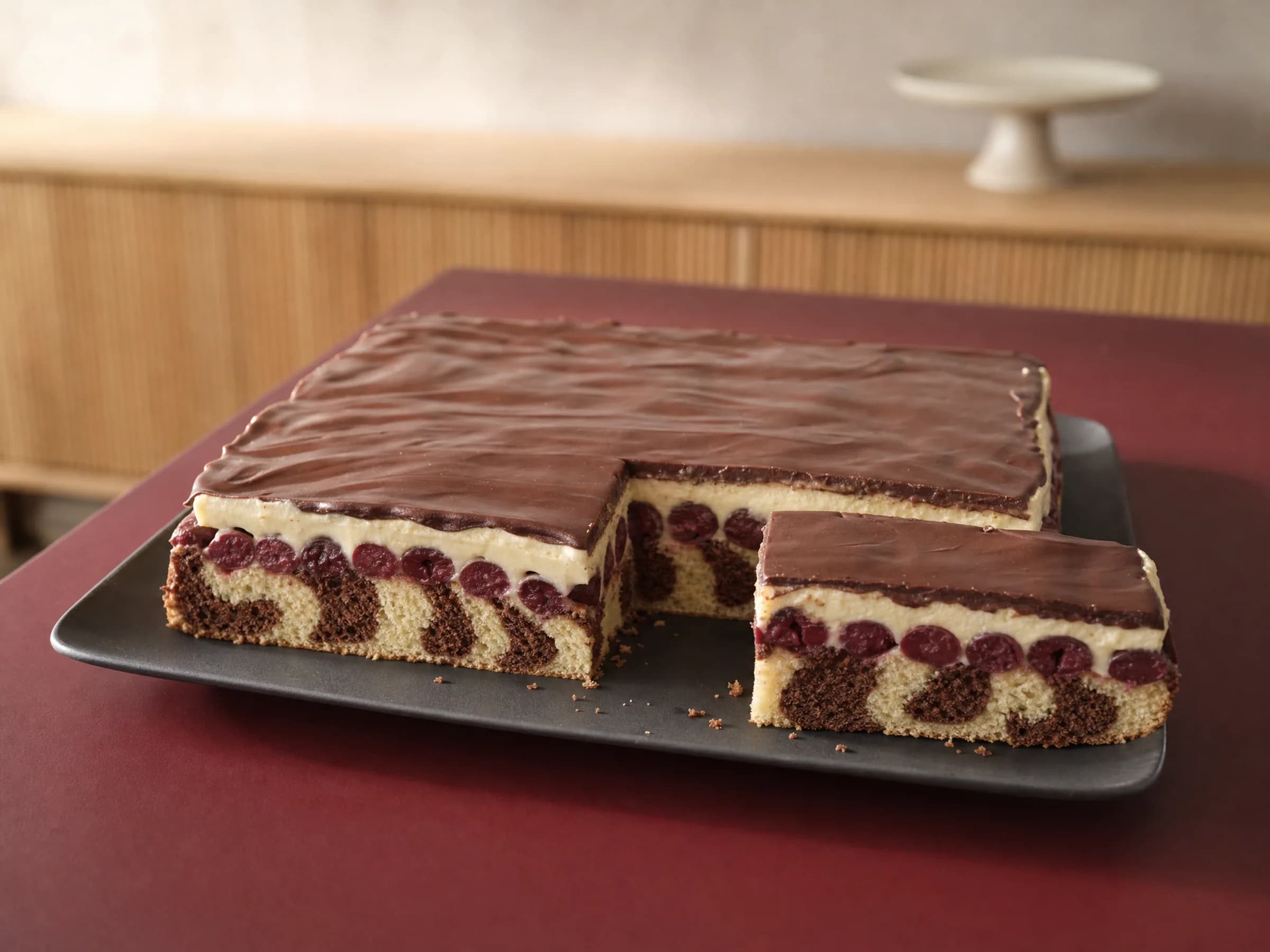 Donauwelle vom Blech mit Pudding-Buttercreme und Schokoguss Rezeptfoto Angeschnittene Donauwelle vom Blech mit Kirschschicht, Buttercreme und Schokoguss