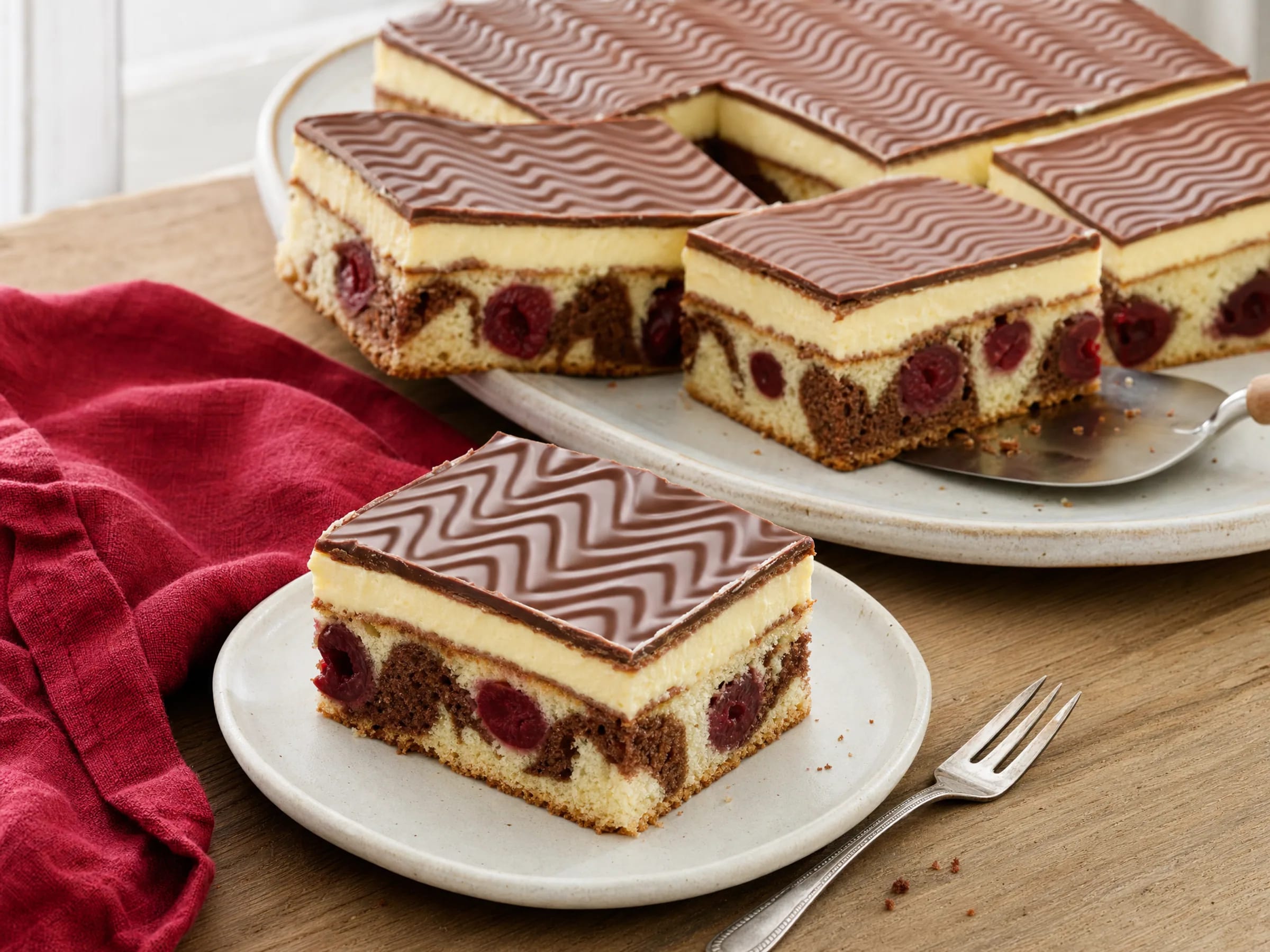 Donauwelle vom Blech mit sichtbaren Wellen und glatter Buttercreme Rezeptfoto Donauwelle vom Blech mit sichtbaren Wellen und glatter Buttercreme fertig angerichtet