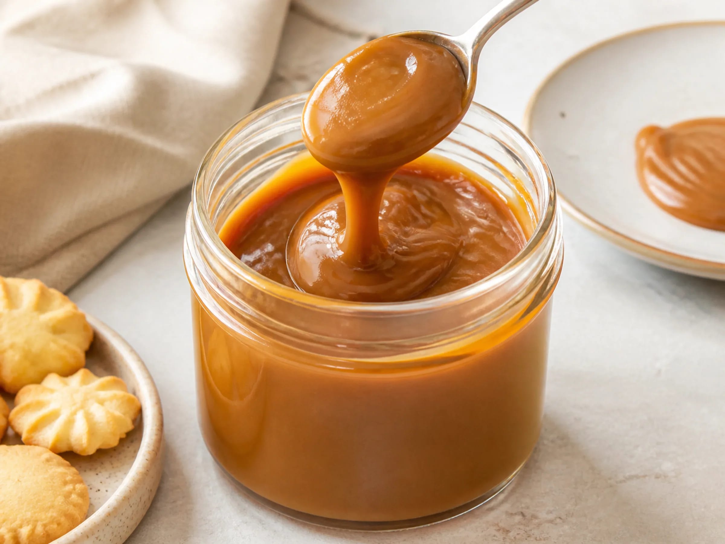 Dulce de Leche aus Vollmilch Glänzende Dulce de Leche im Glas mit Löffel und karamellbrauner Creme