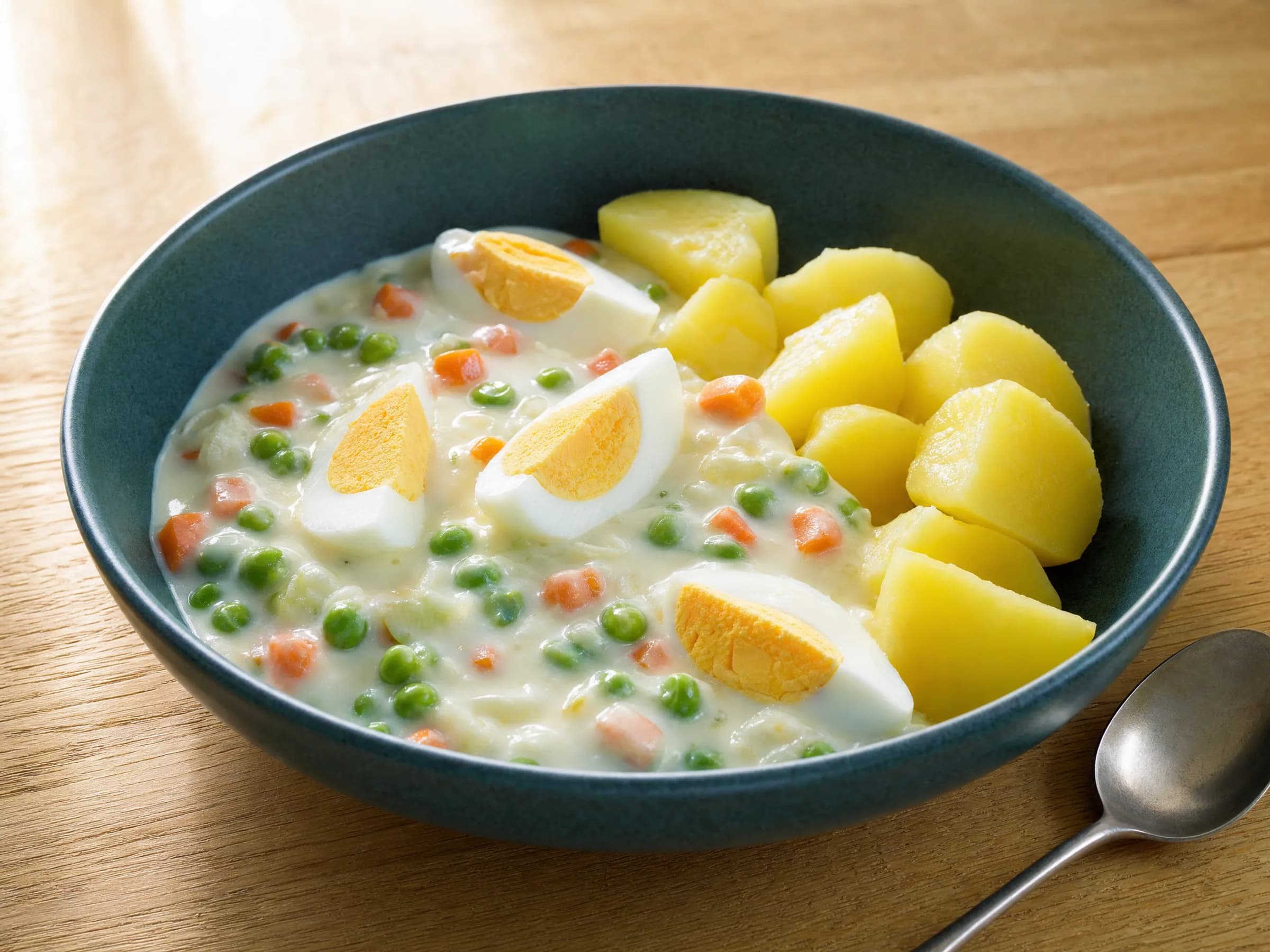 Eierfrikassee mit Erbsen, Möhren und Kartoffeln Rezeptfoto Eierfrikassee mit Eivierteln, Erbsen und Möhren neben Salzkartoffeln in dunkler Schale
