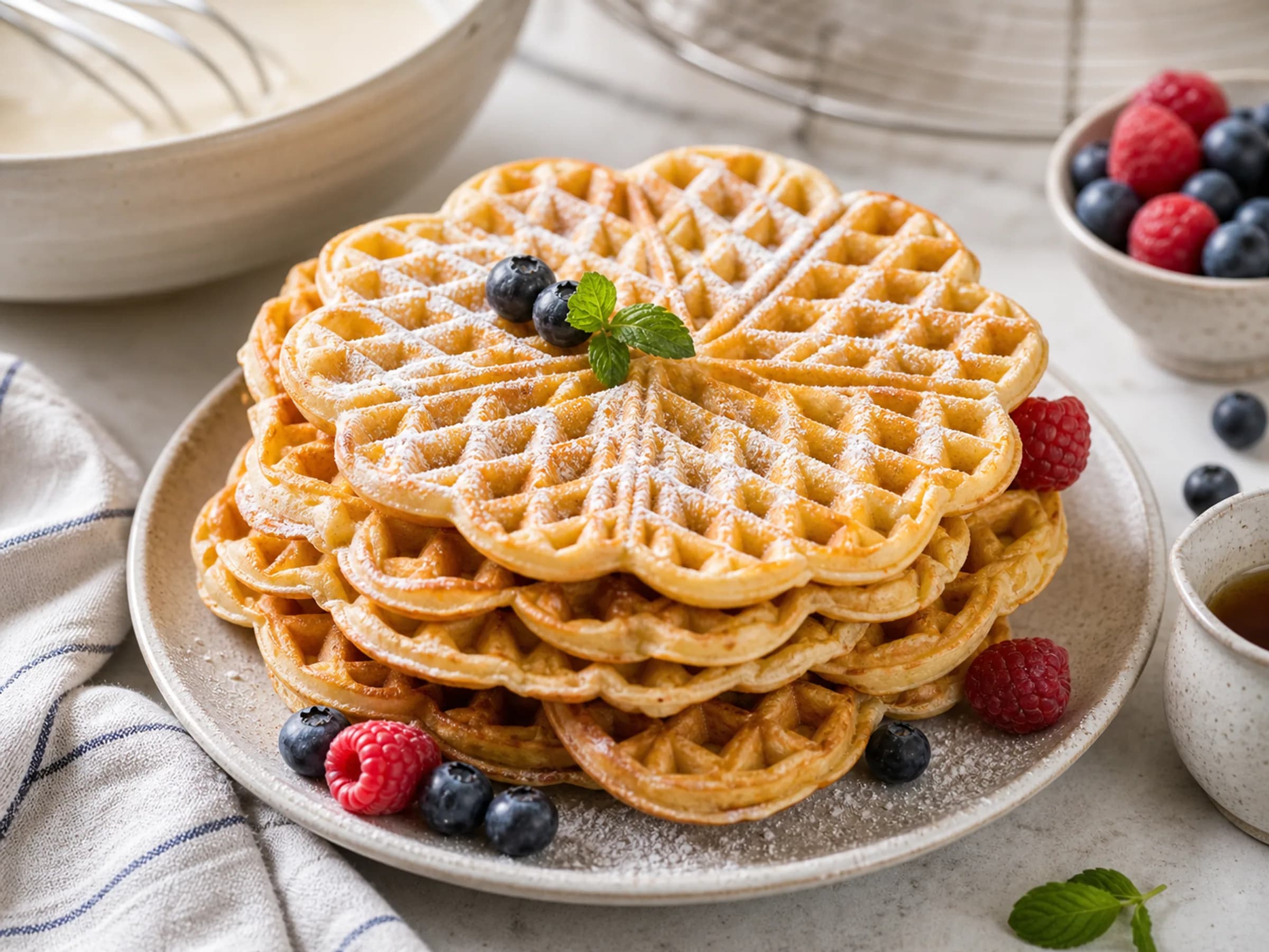Herzwaffeln mit Beeren und Puderzucker Rezeptfoto Gestapelte goldbraune Herzwaffeln mit Puderzucker, Beeren und Minze