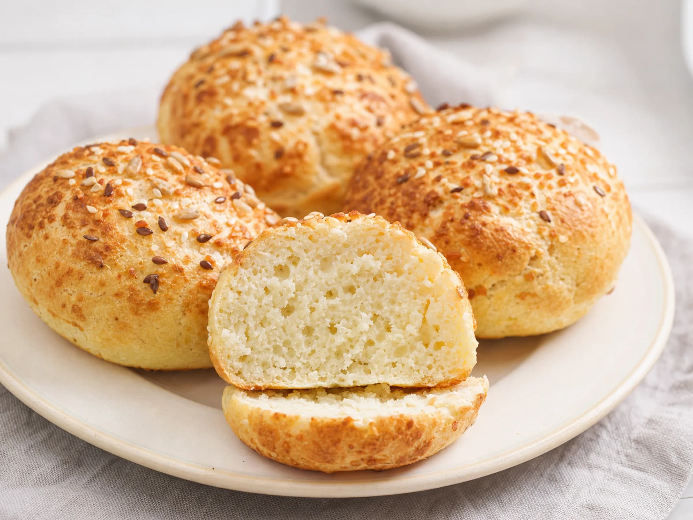Eiweißbrötchen mit Quark ohne Mehl – ohne Hefe Rezeptfoto Eiweißbrötchen mit Quark ohne Mehl – ohne Hefe fertig angerichtet