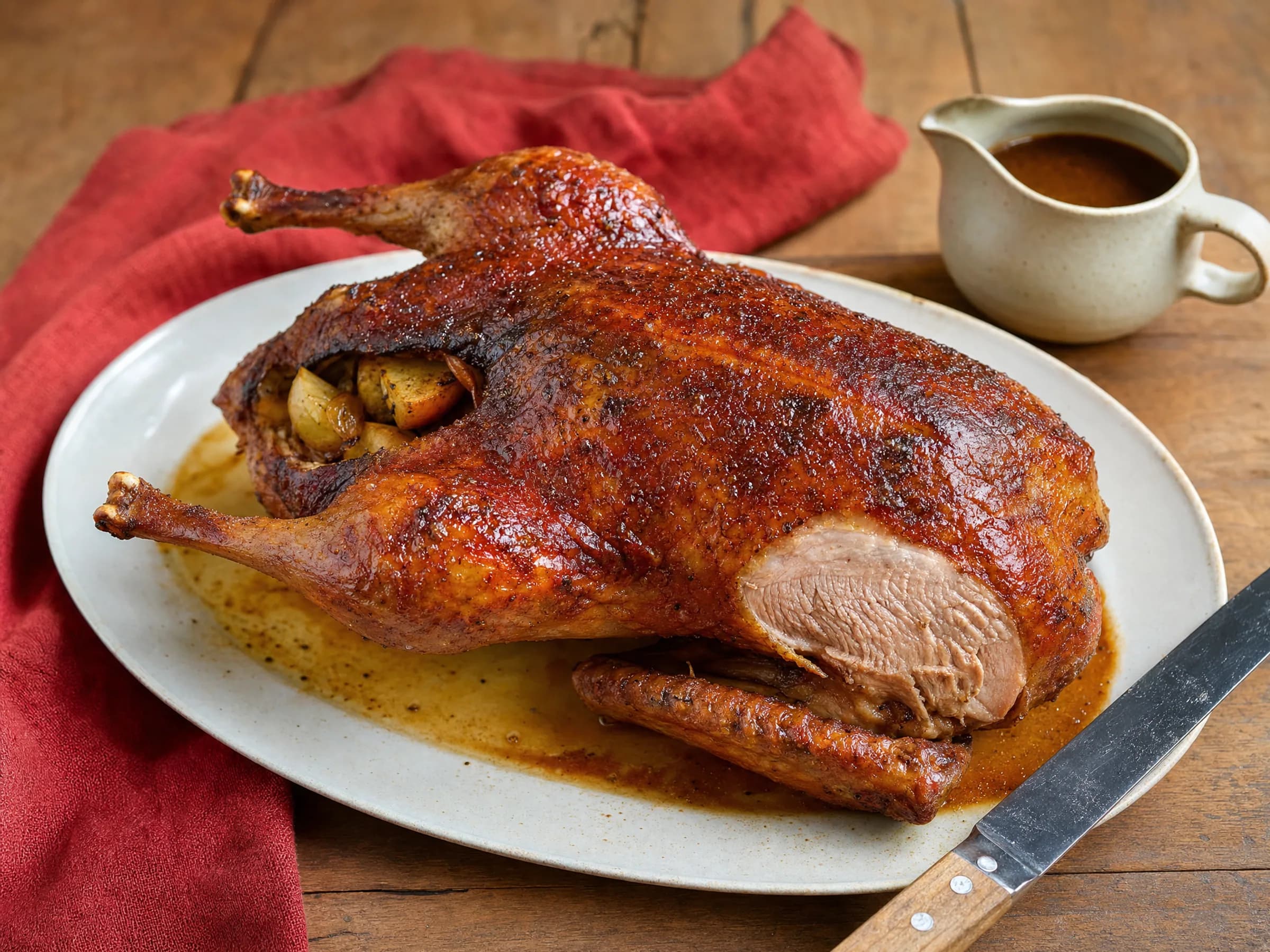 Entenbraten im Backofen mit Bratensatzsoße Rezeptfoto Entenbraten im Backofen mit Bratensatzsoße fertig angerichtet