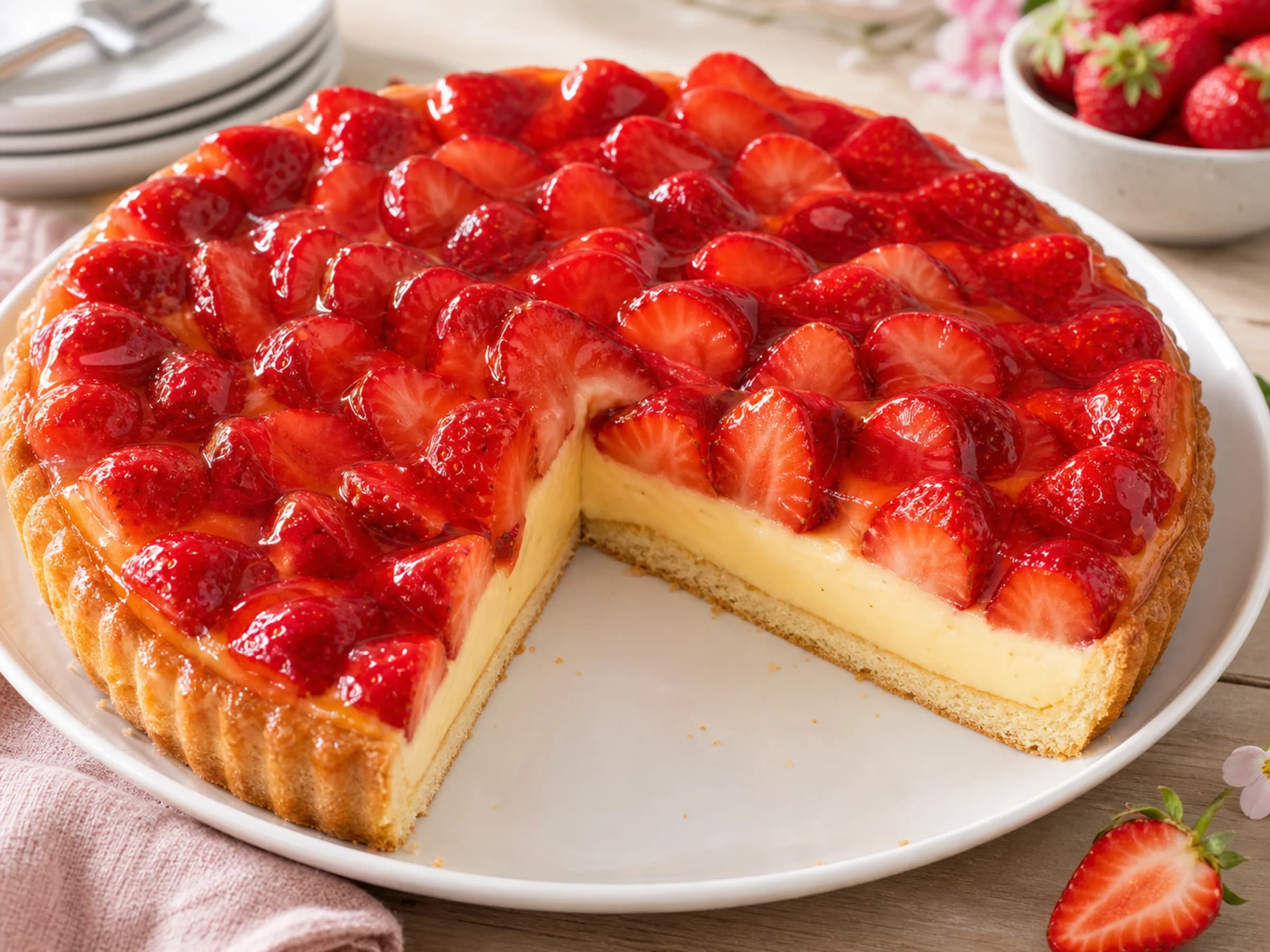 Erdbeerkuchen mit Pudding und Erdbeeren Erdbeerkuchen mit Vanillepudding, frischen Erdbeeren und glänzendem Tortenguss