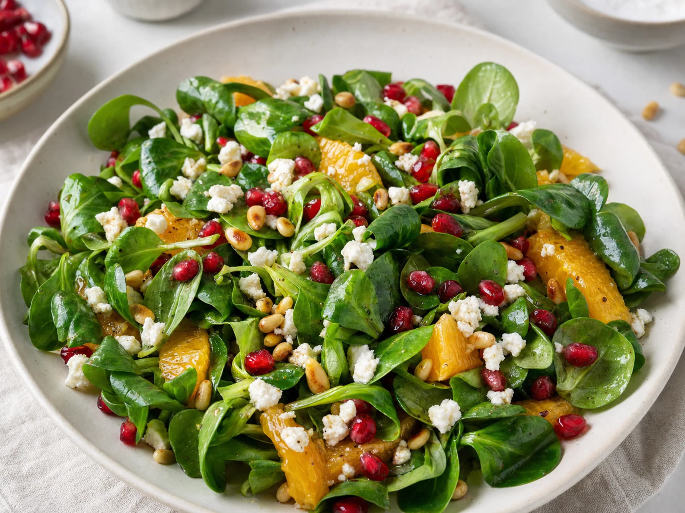 Feldsalat mit Granatapfel, Feta und Orangen-Dressing Feldsalat mit Granatapfelkernen, Feta, Orangenfilets und gerösteten Pinienkernen