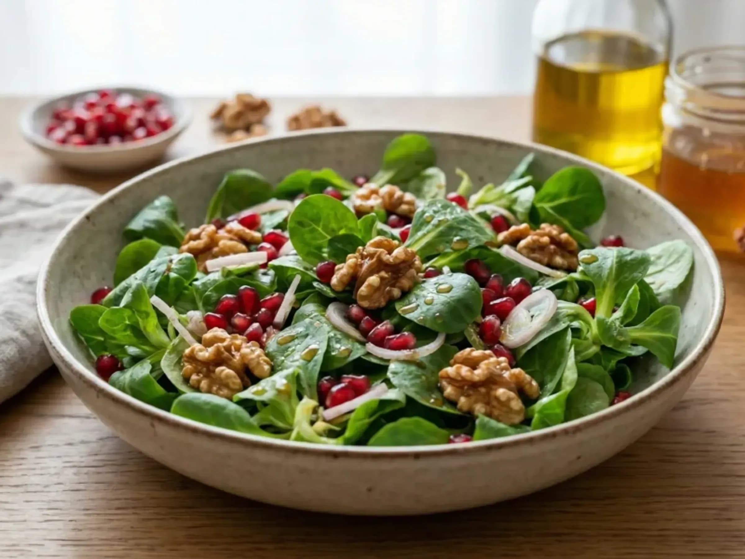 Feldsalat mit Granatapfel und Walnüssen Schale mit Feldsalat, Granatapfelkernen, Apfel, Walnüssen und roten Zwiebeln