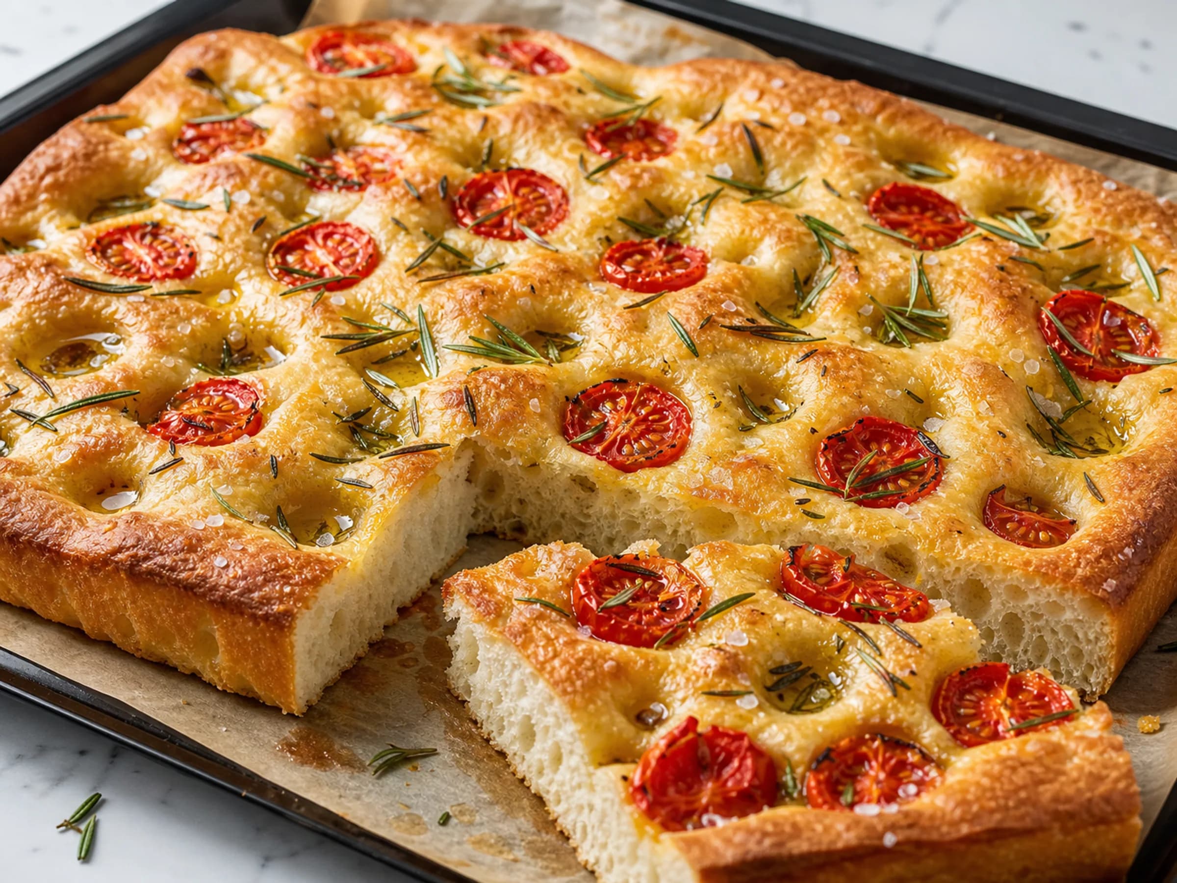 Focaccia mit Tomaten und Rosmarin Goldbraune Focaccia mit Kirschtomaten, Rosmarin, Olivenöldellen und luftigem Anschnitt