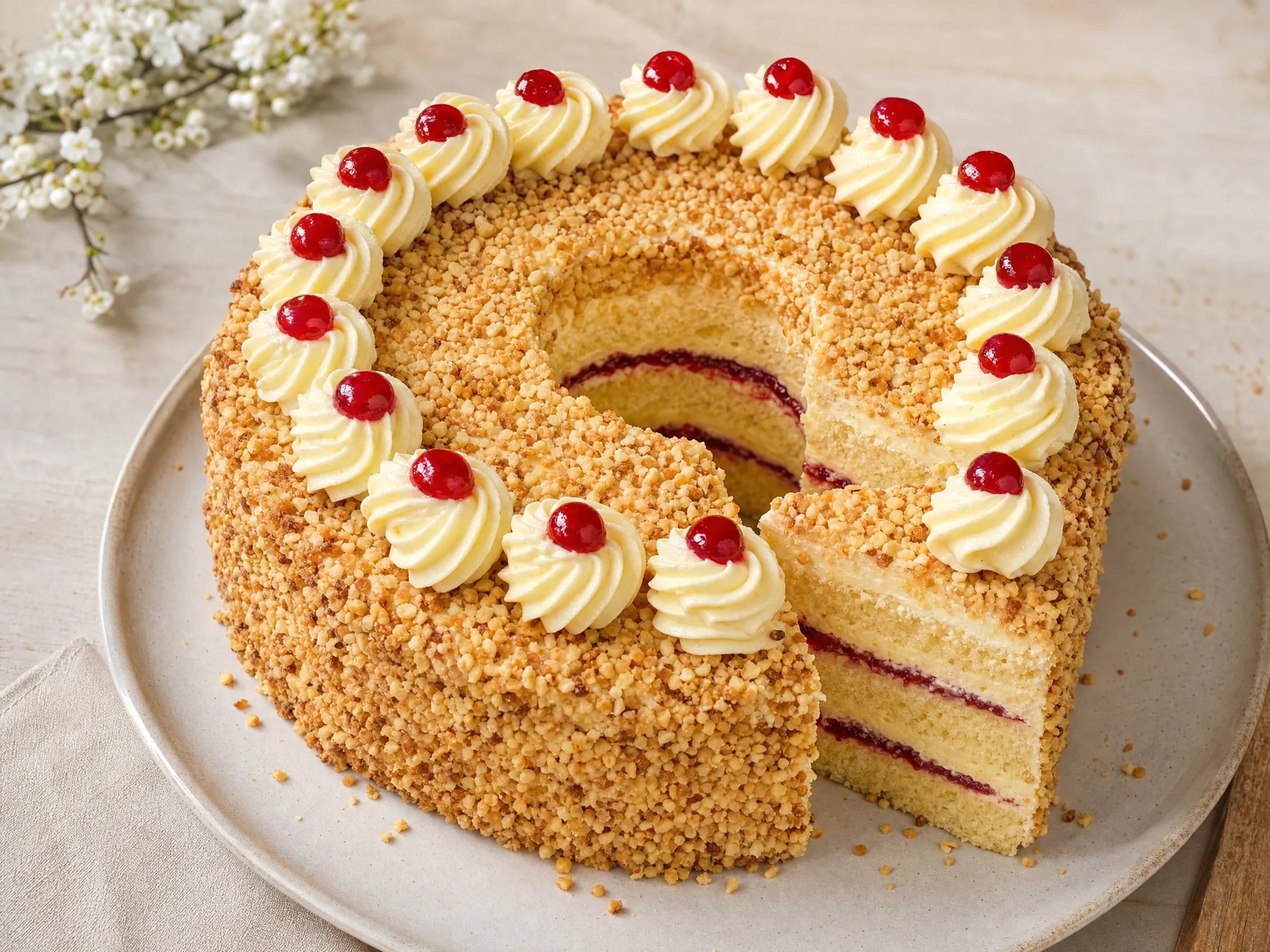 Frankfurter Kranz mit Pudding-Buttercreme und Krokant Rezeptfoto Frankfurter Kranz mit Pudding-Buttercreme und Krokant fertig angerichtet
