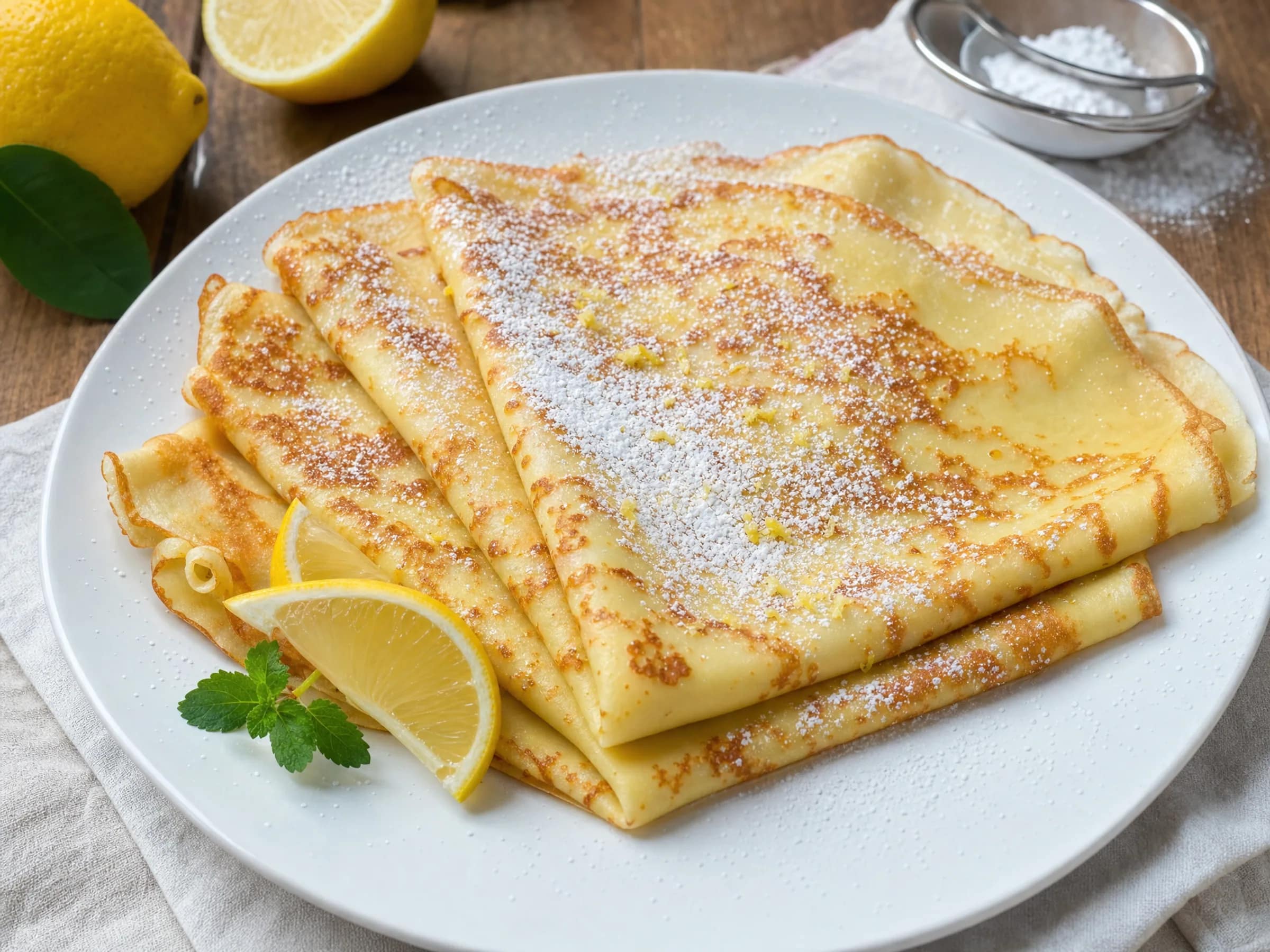 Französische Crêpes mit Zitrone und Puderzucker